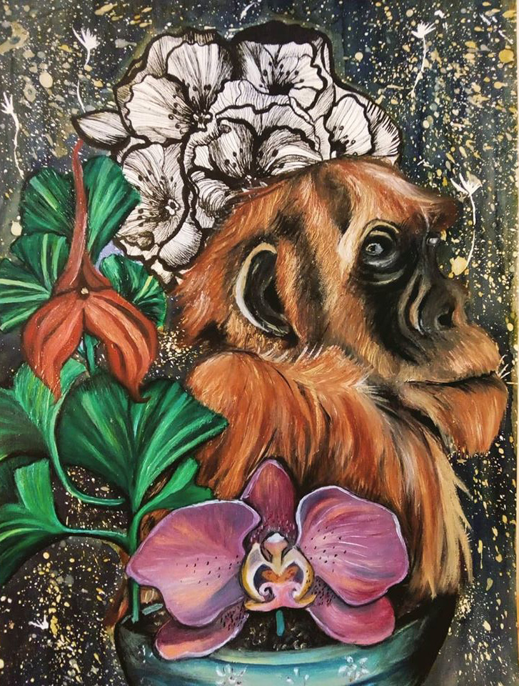 Chimpanzé dans pot d'orchidées, 2020, huile sur papier, aquarelle, encre de chine, 42 x 30 cm
