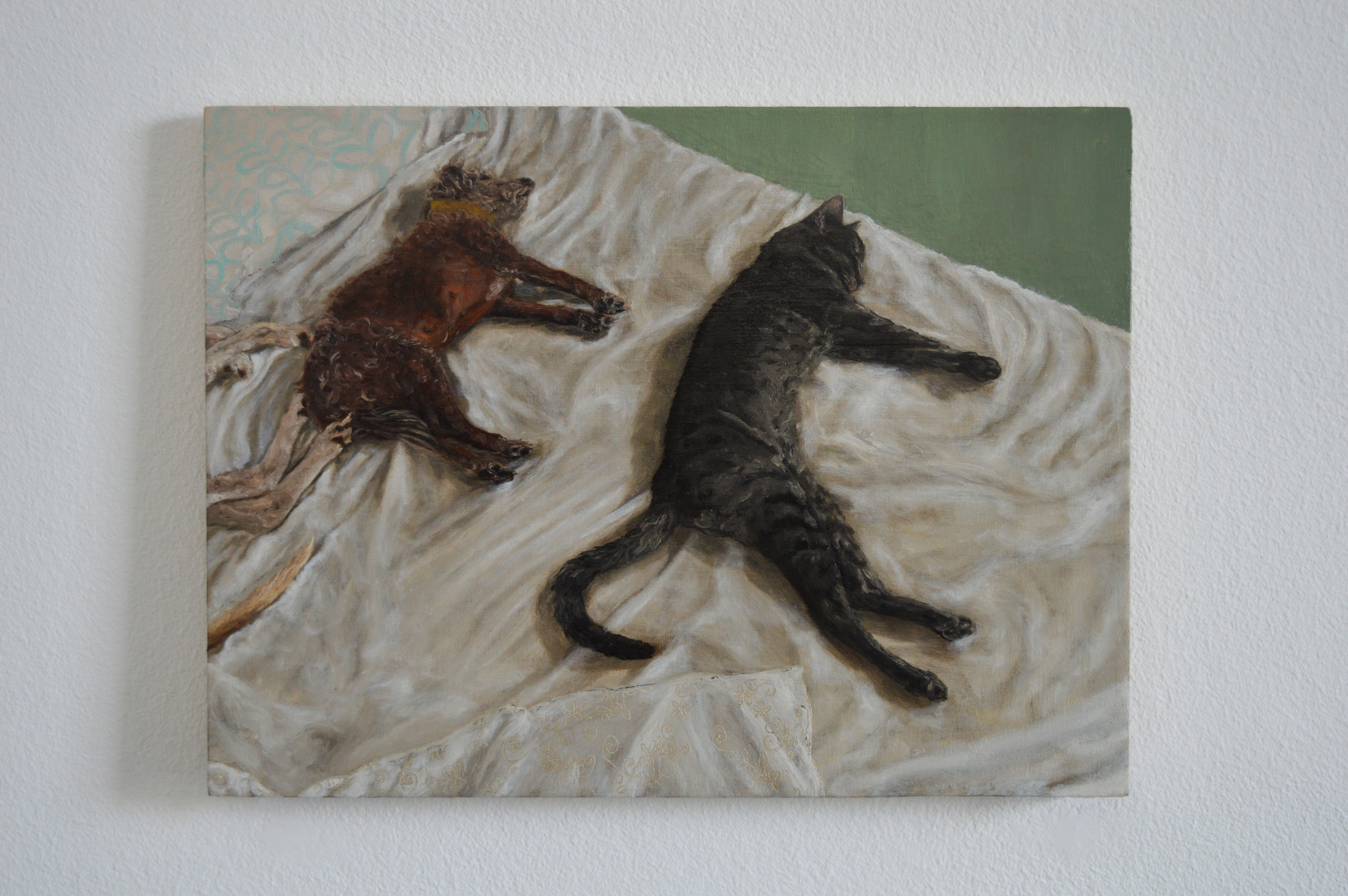 big cat small dog oil on plywood, 14.5 x 20 cm