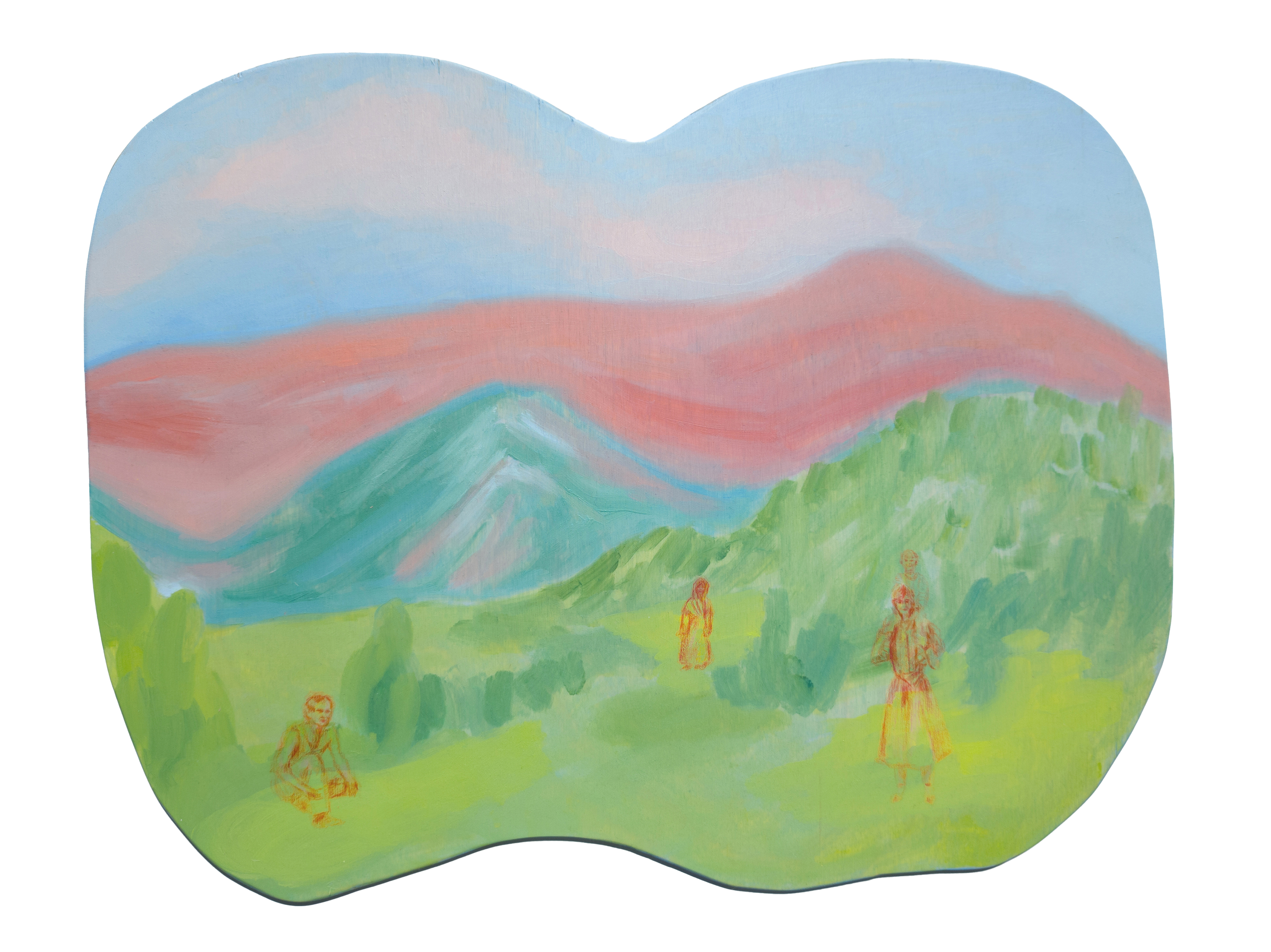 „In the mountains(Tata, Mama, Kasia, Ja)", H33cm x W42cm, oil paint and colour pencils on wood panel, 2023