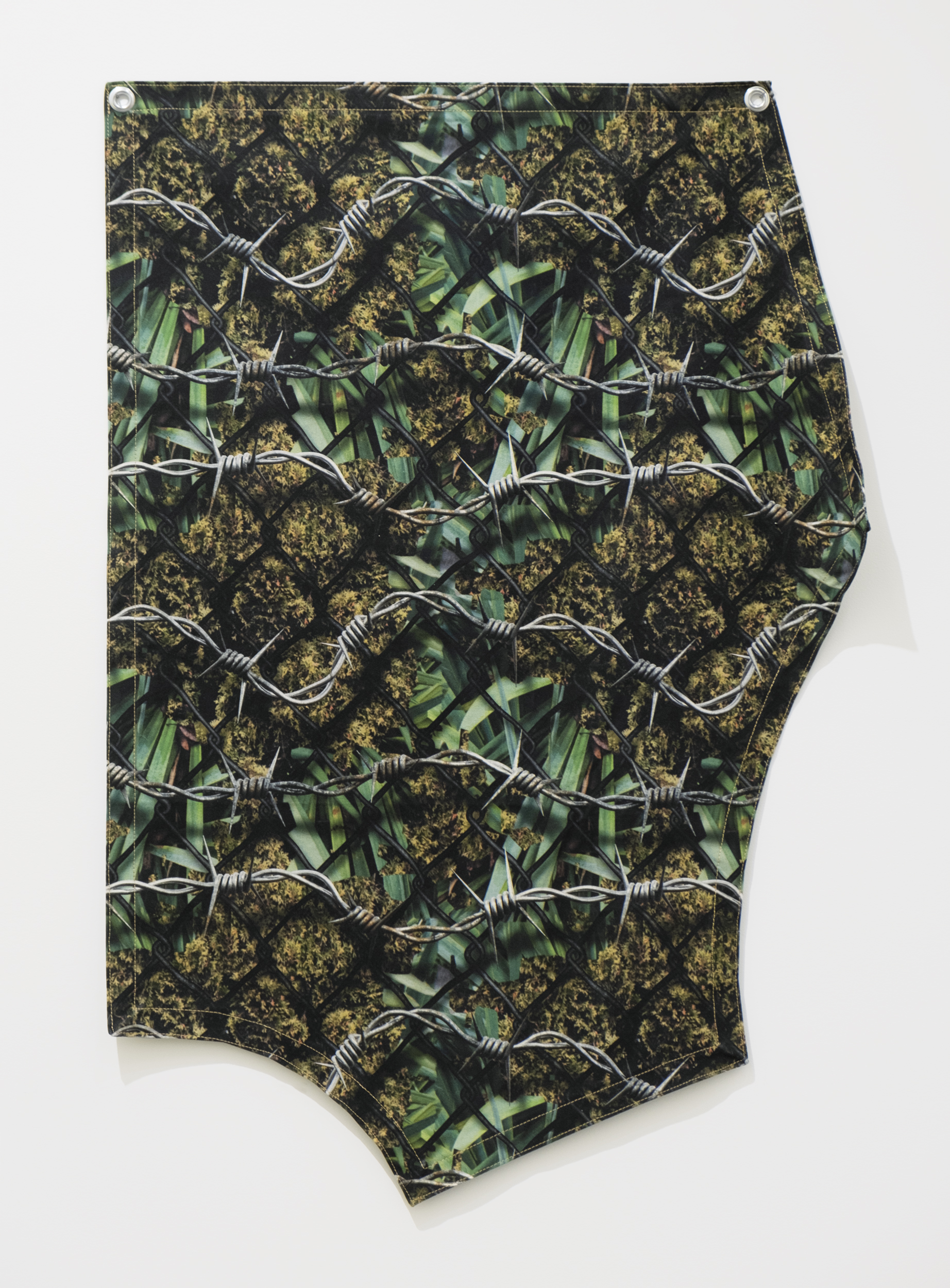 Enclosed so it could be conserved (Urban camo for property lines), 2023, reactive inkjet print on canvas, grommets, thread, 43 x 31 in. (109 x 79 cm)