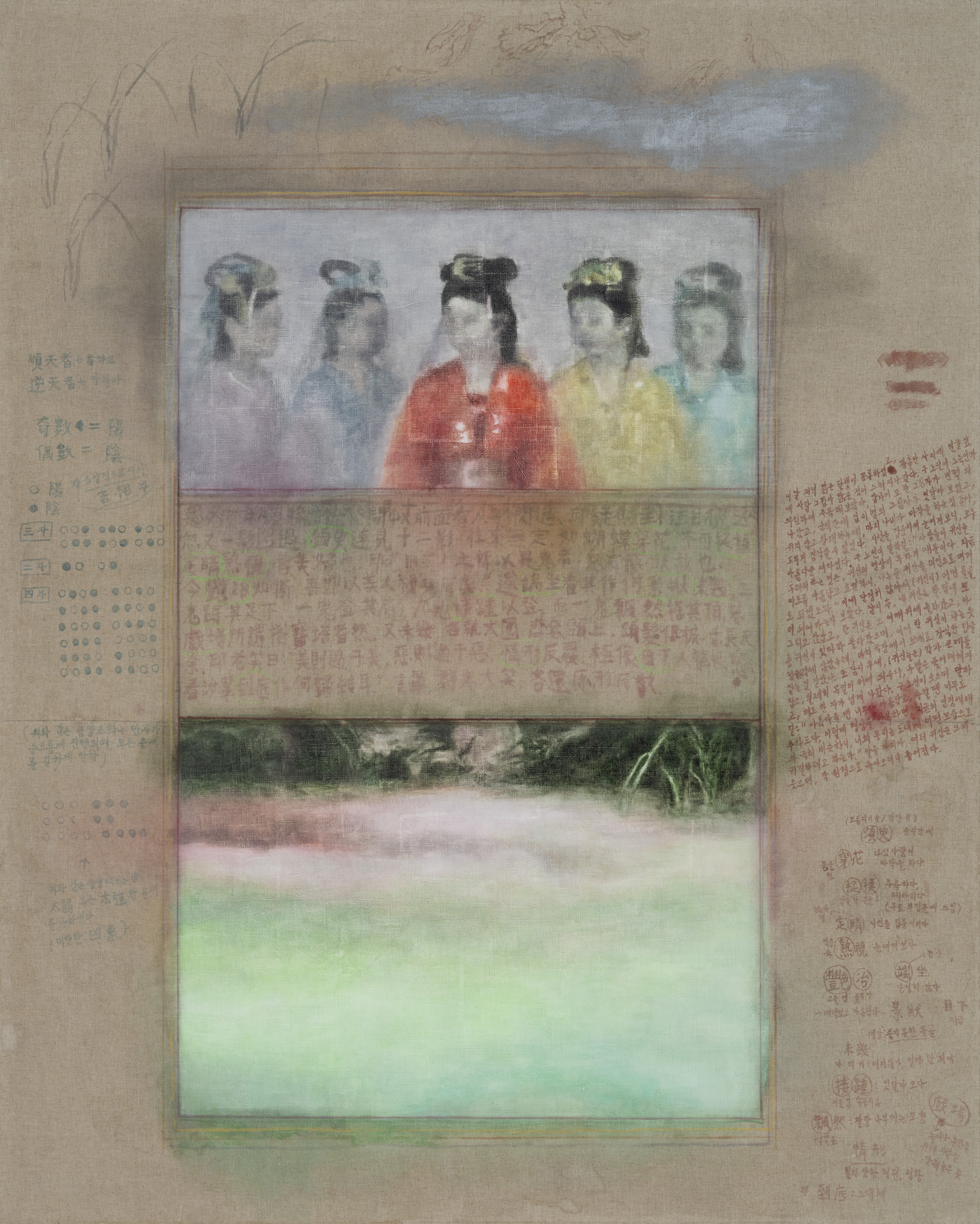 귀신이 쌓은 탑 A Pagoda built of ghosts / 2024 / watercolor, oil, gold ink, silver ink on linen / 227x182cm