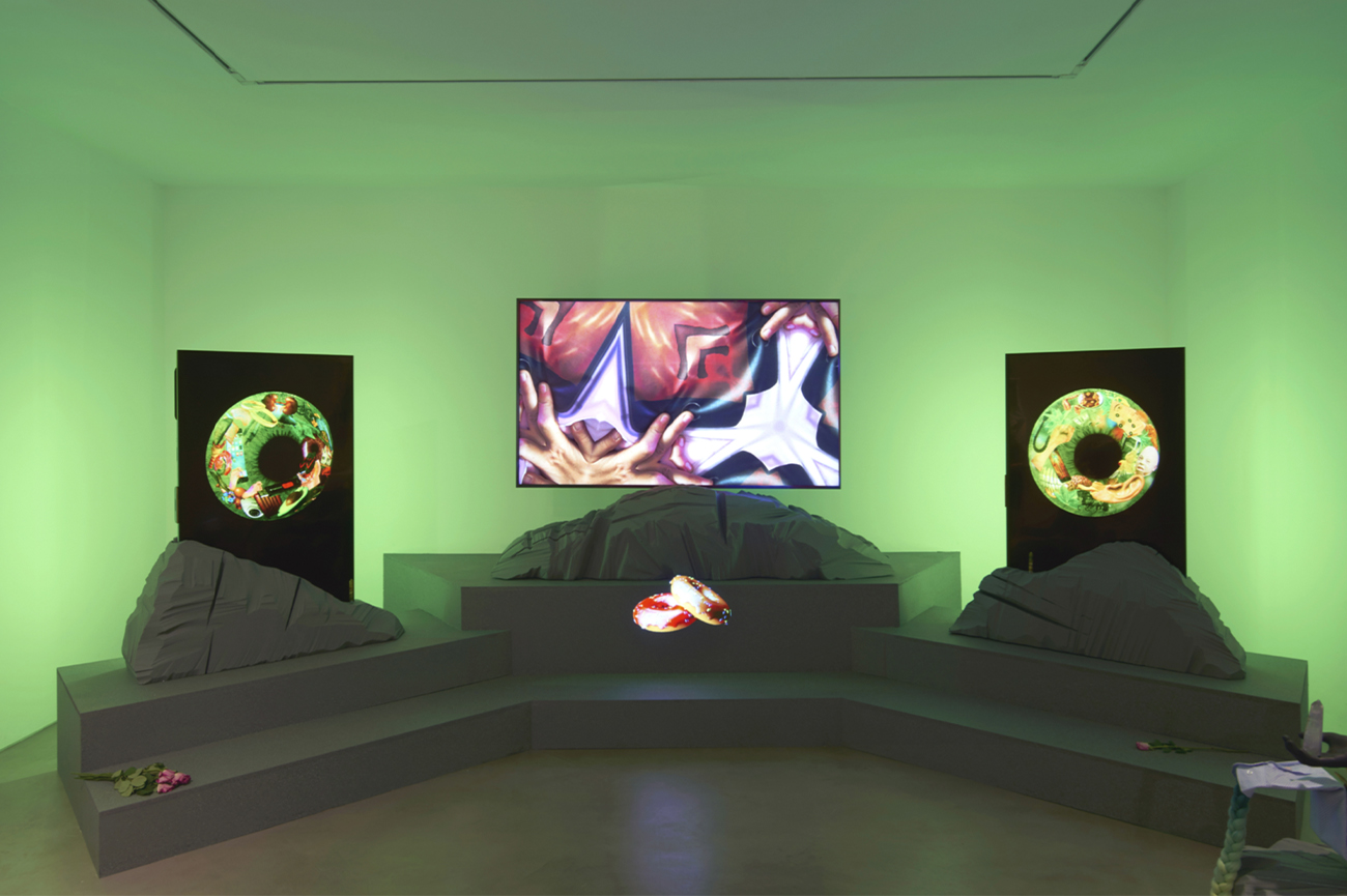 Patricia DomínguezGreen Irises, 2019-20203-channel video installation, 3D animation on holographic projector, platform with plumavit rocks and plant offeringVariable dimensions