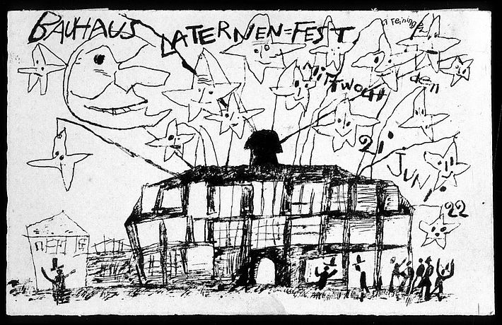 &copy; Carte postale de Paul Klee pour la f&ecirc;te du solstice d&rsquo;&eacute;t&eacute; du Bauhaus, 1922 - Lithographie sur carton jaune