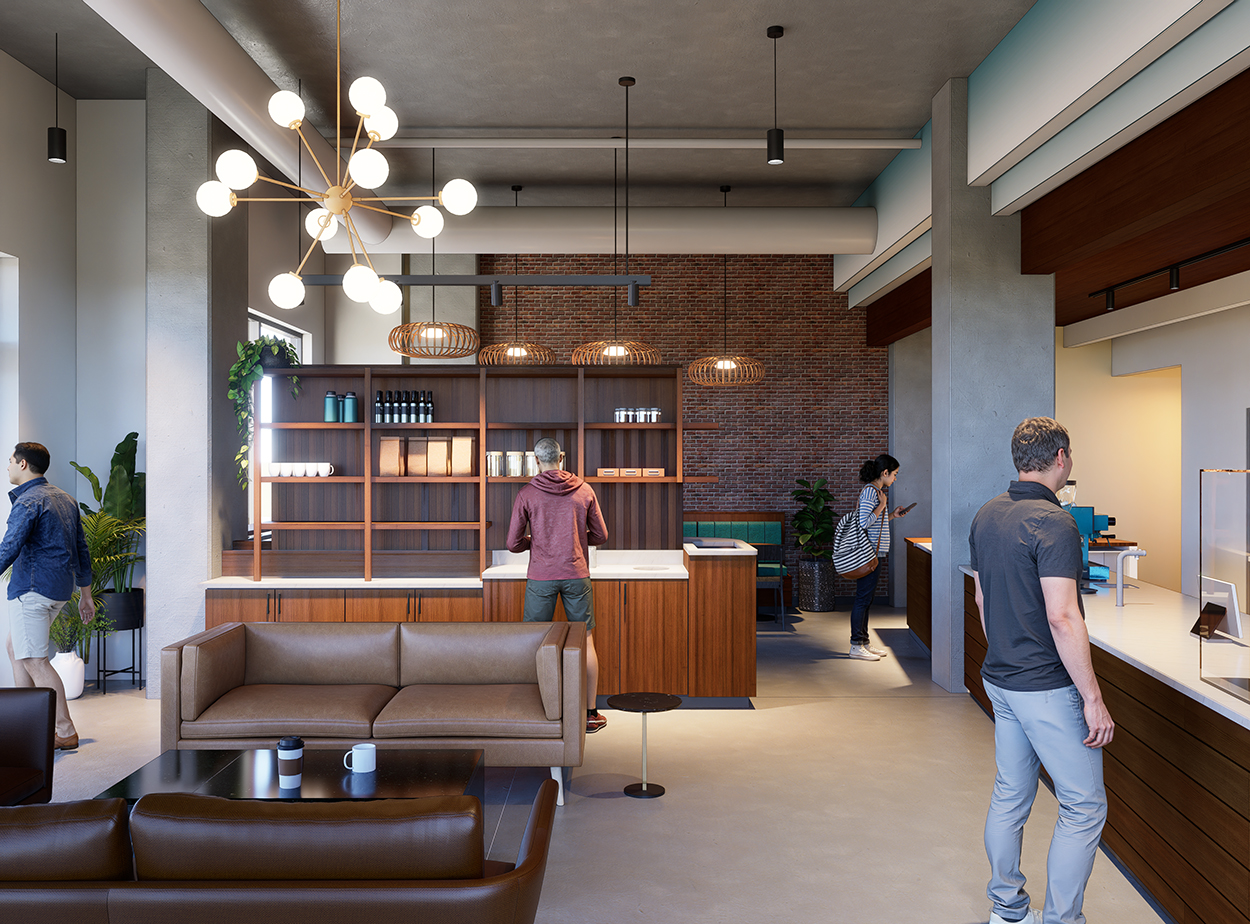 Interior view of Perch Coffee looking towards the front seating area and merchandising shelves