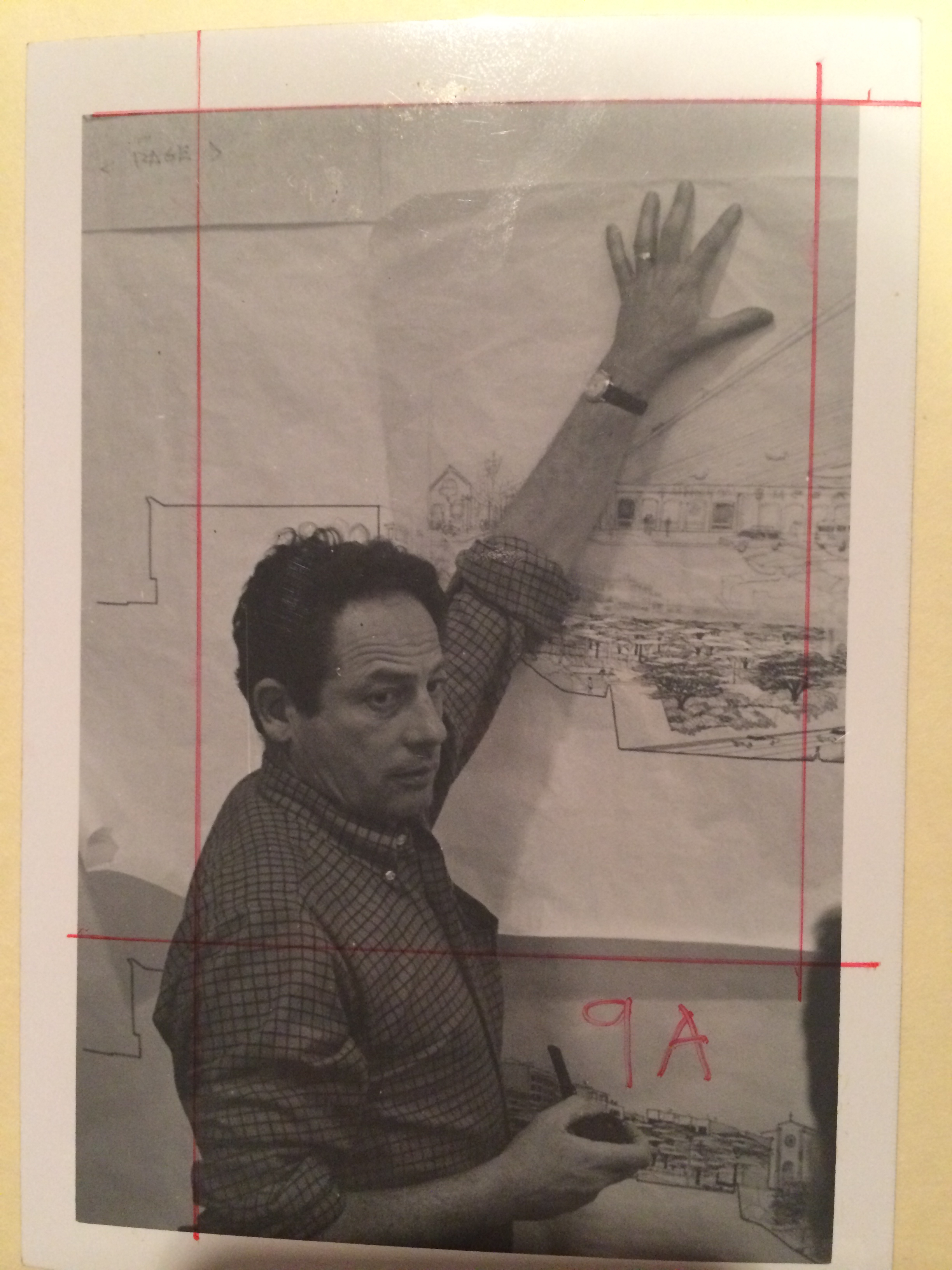 Lawrence Halprin with Panhandle Parkway drawing. “Photo- graphs LHA Staff and Contact Prints,” Lawrence Halprin Collection, The Architectural Archives of the University of Pennsylvania.