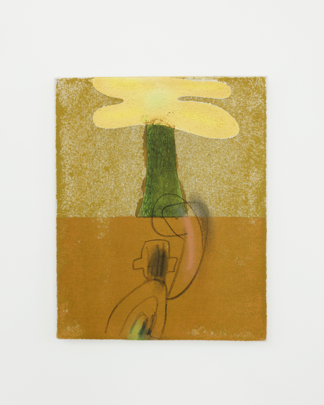 Punching a Tree, 2023 Acrylic, aquarellable pencil and sawdust on linen 31 x 25 cm