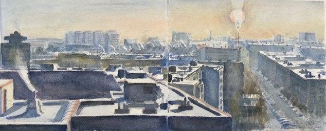 Praag Jaarwisseling 1992/1993 - watercolor 22x53 cm
