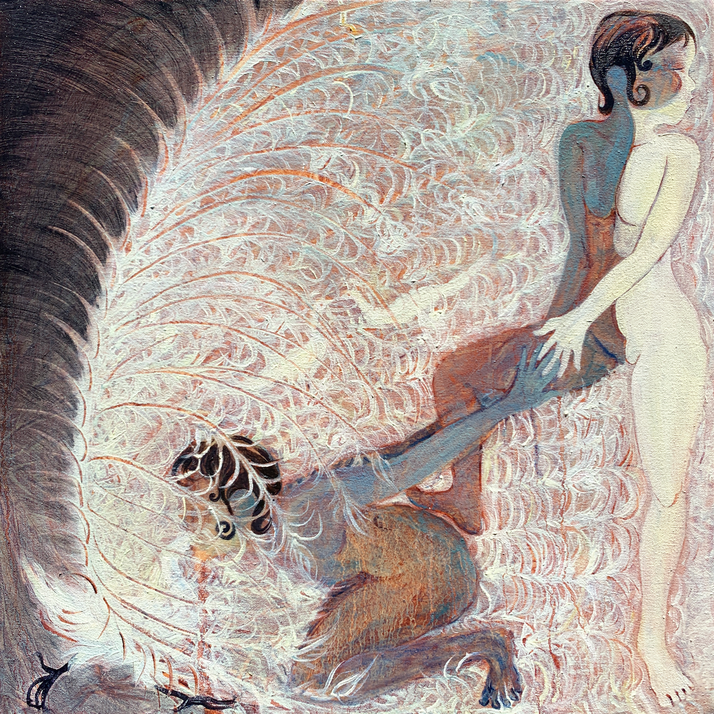 Sucking a peacock, oil on canvas, 18.5” x 18.5”