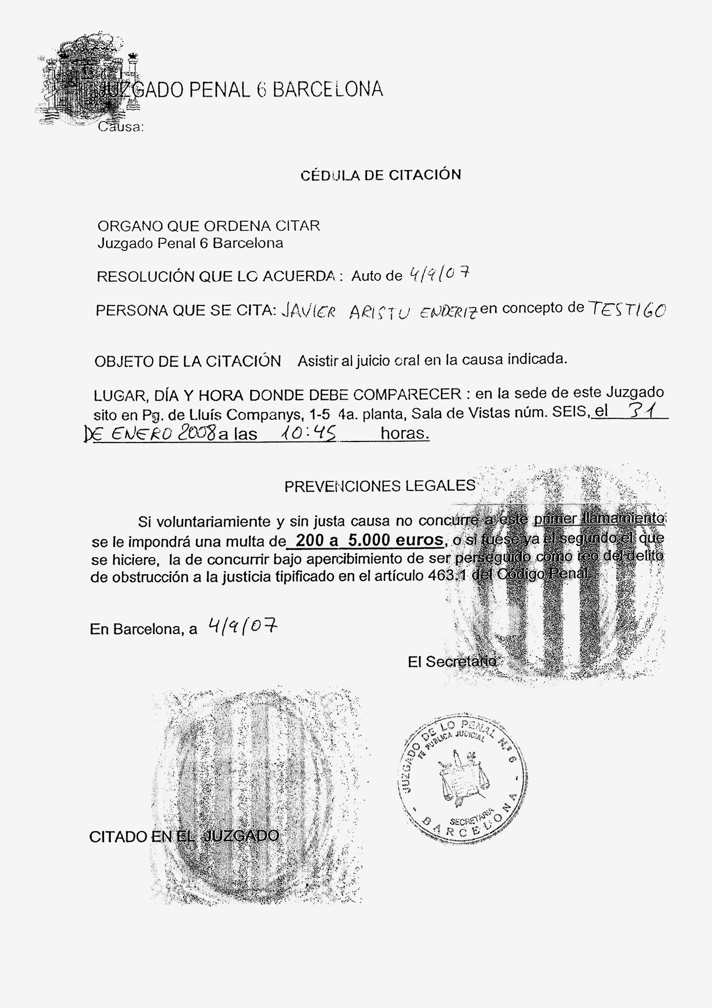 Cédula de citación como testigo en el juzgado, Barcelona, 2007