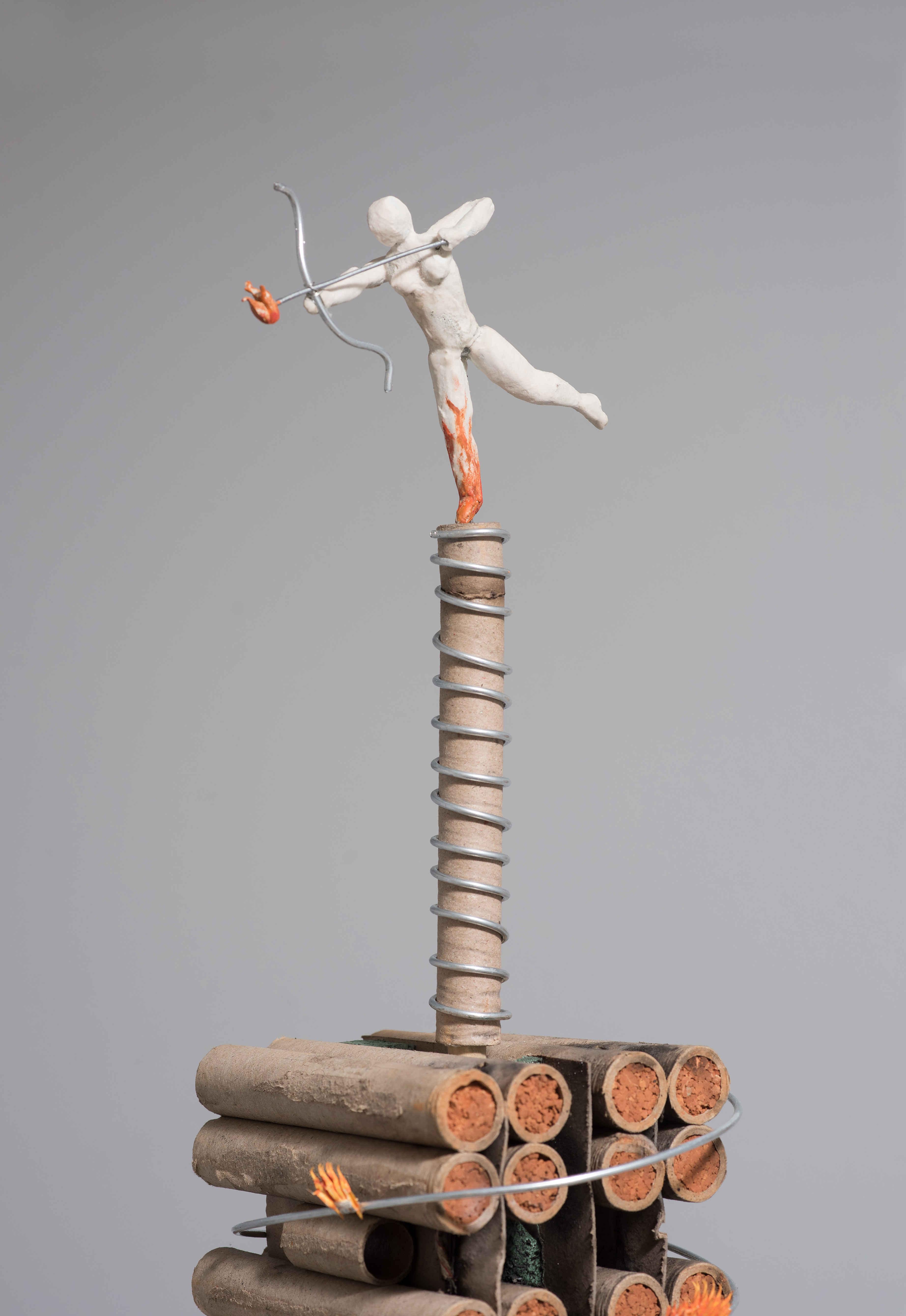 Fire Tower, 2023, Found firework refuse, charcoal, wire, wood, dried thistle, aquaresin (detail)