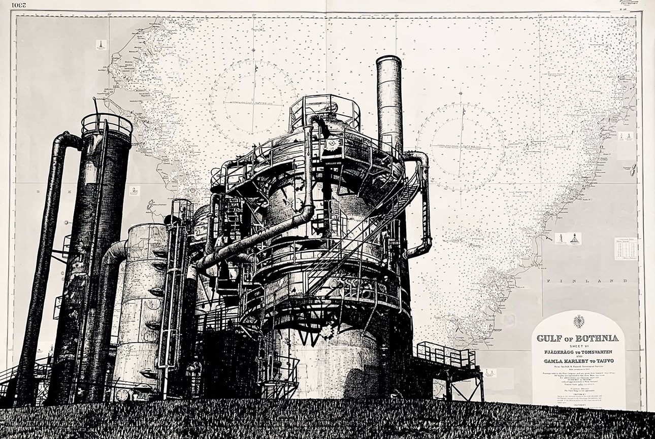 Franck Saïssi Usine, 2023 Encre de Chine sur carte marine 70 x 110 cm Carte: Golfe de Botnie, mer Baltique. Fjäderägg to Tomsvarten Courtesy de l’artiste et de La Maison Abandonnée