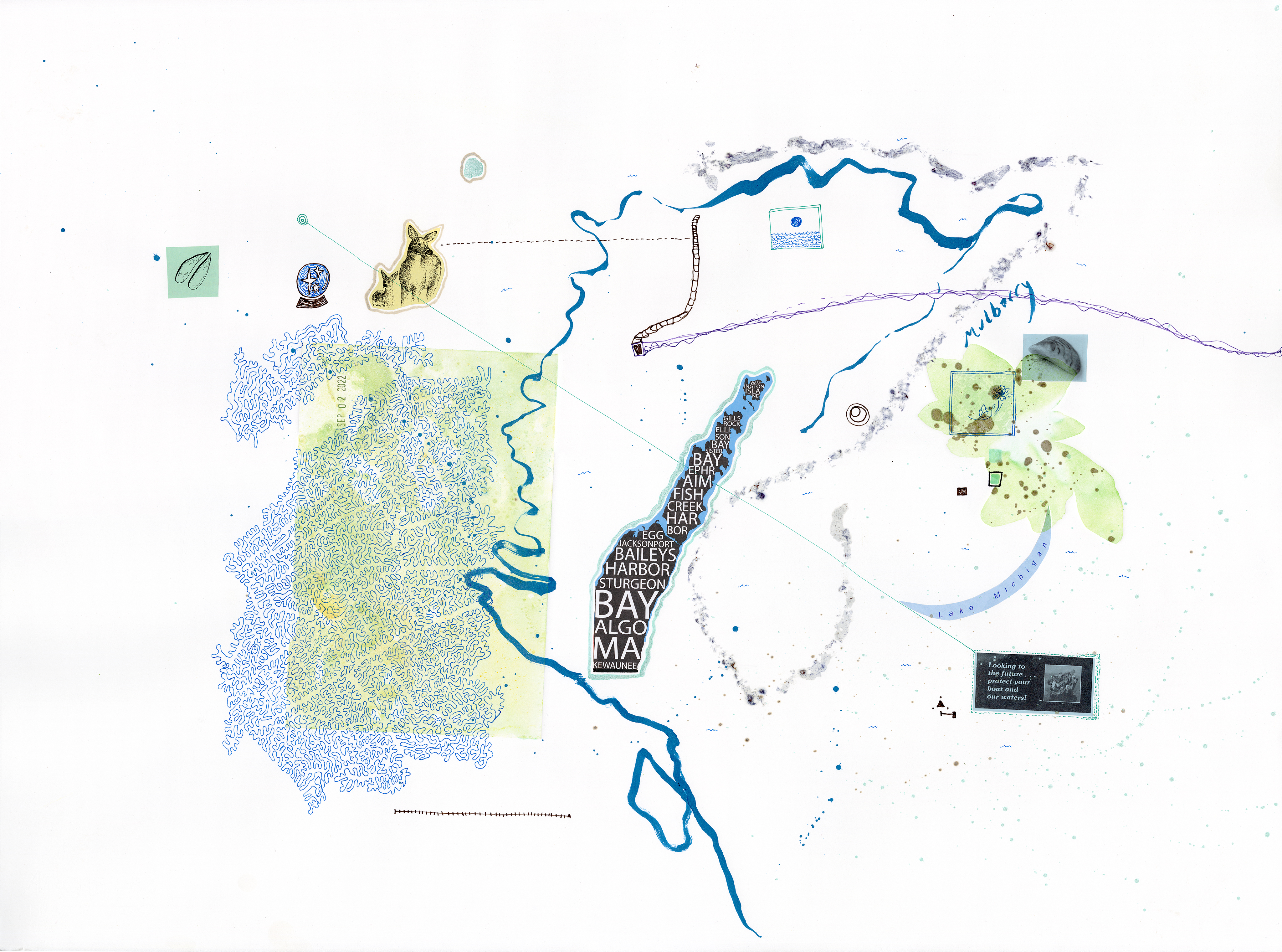 Drawing 20/56 from 56 days at the Dome House 22.5 x 30 inches, ink, Chine-collé, etching and stamps on Arches 88 paper-SOLD