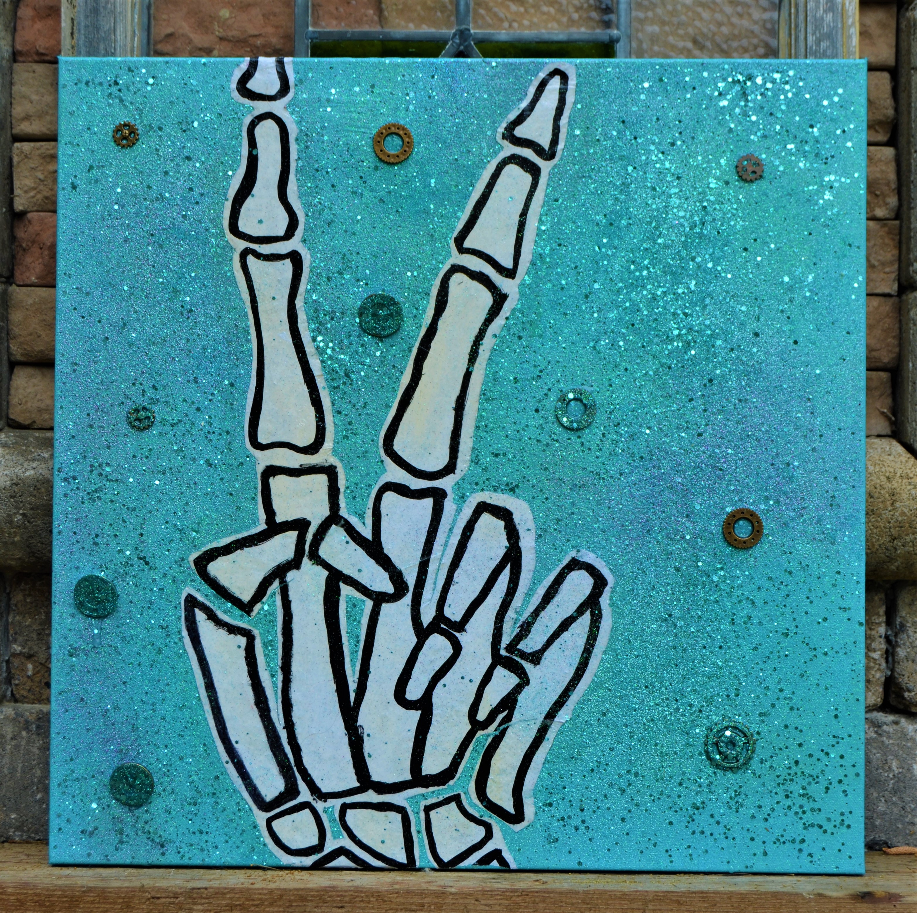 "Green Haven" Sand, Latex Paint, Glitter, Paper, Jewelry Bits, Canvas