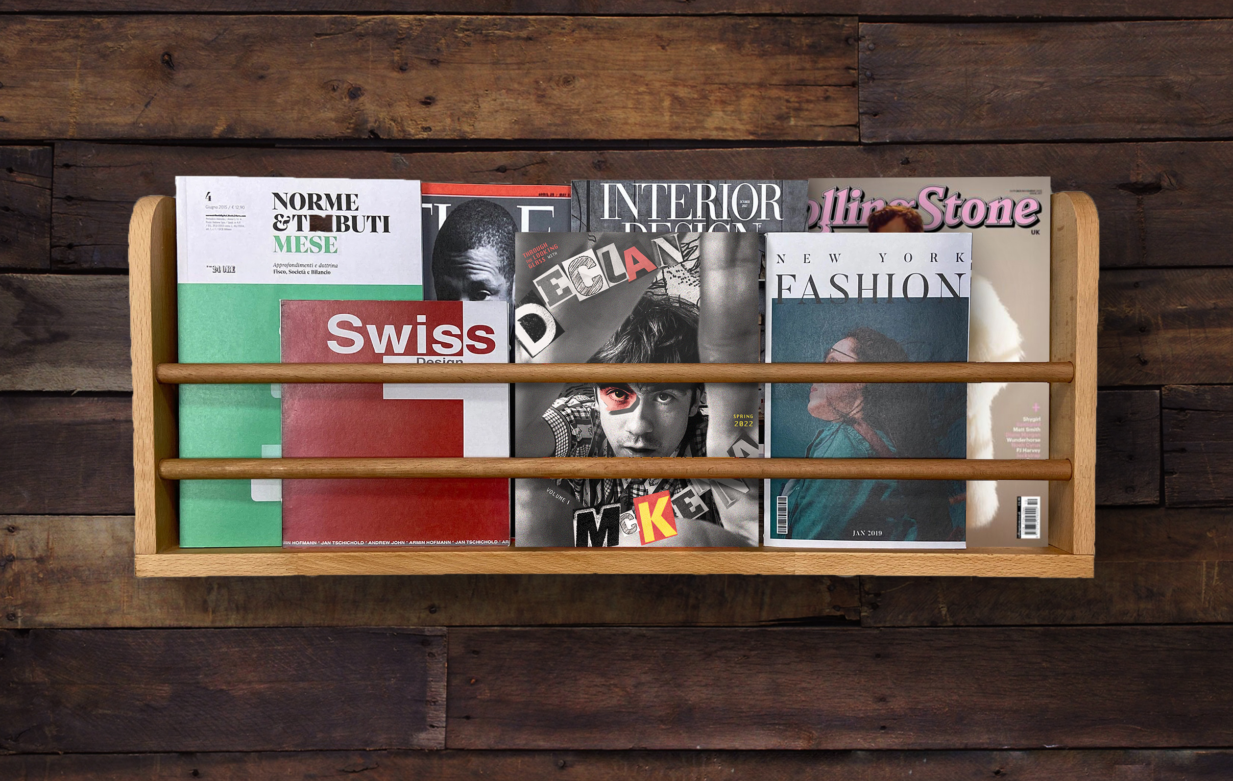 A mockup of the music catalog on a wooden shelf.