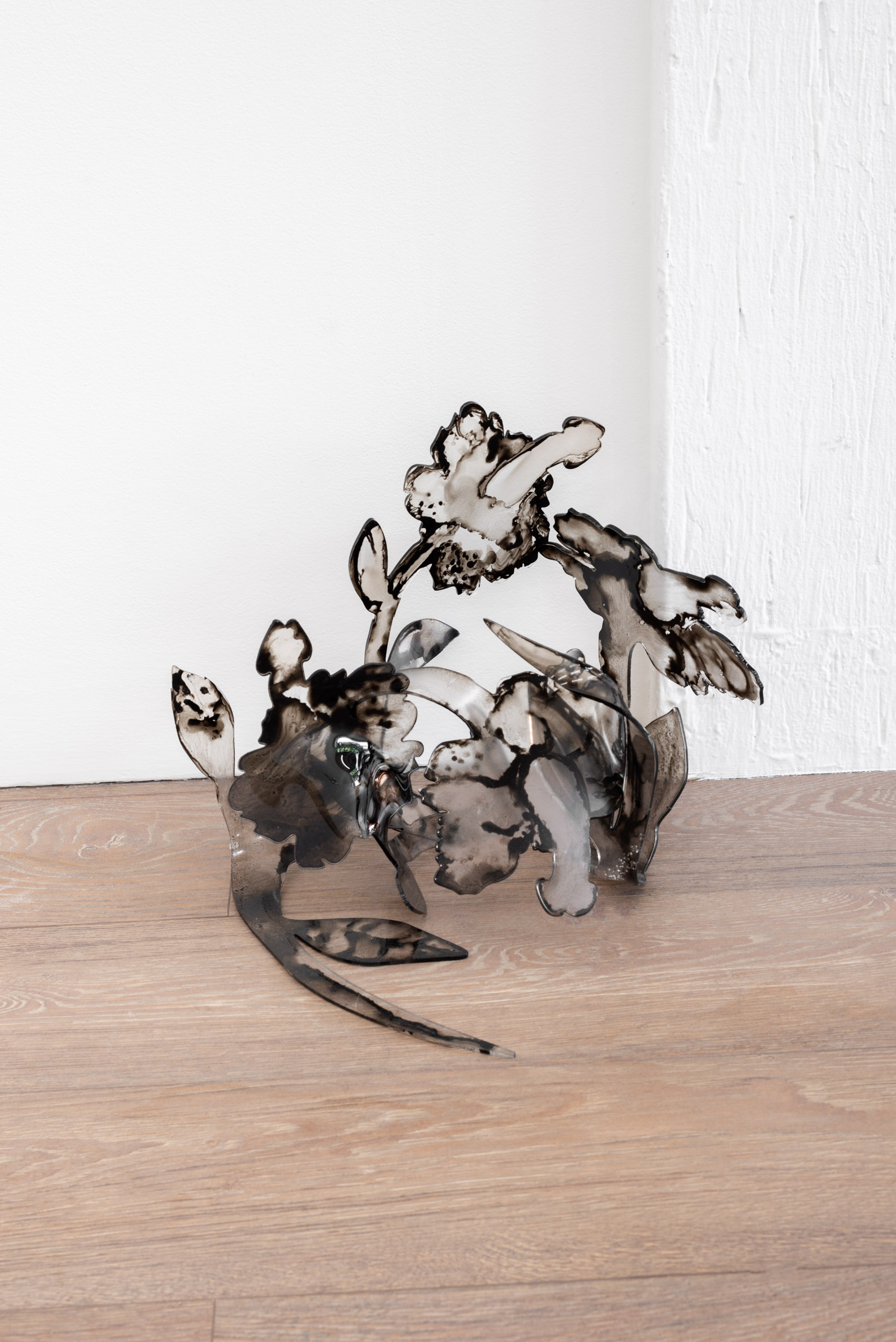 Mahsa Farzi, Untamed (four flowers), 2025, approx. 10” x 14” x 10” / 18cm x 35.5cm x 25.5cm each. Oil paint on plexiglass.