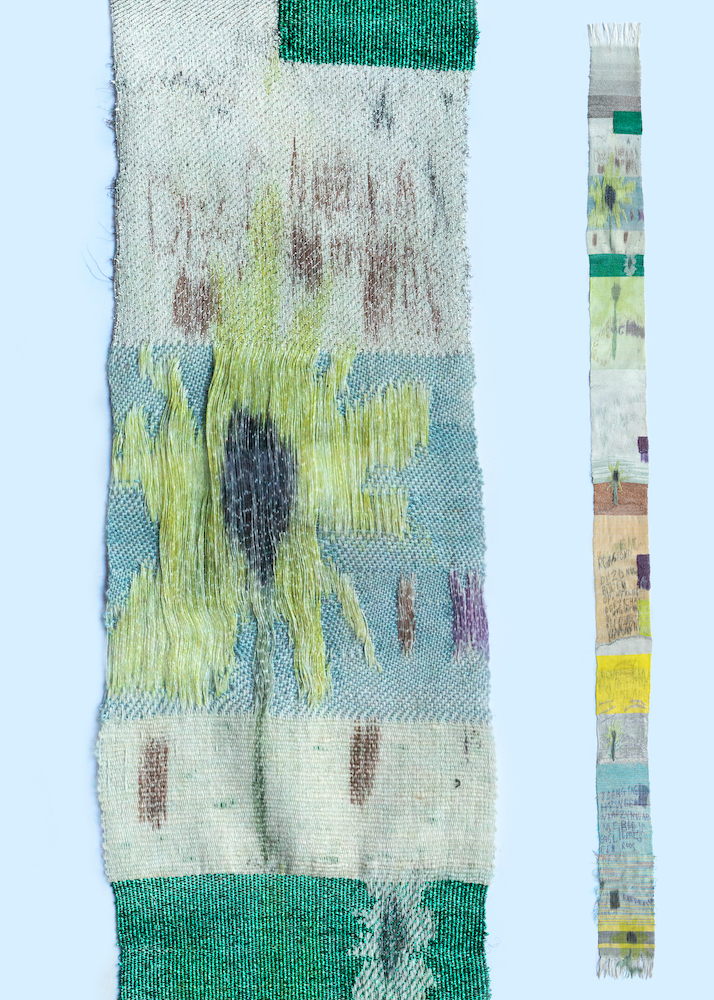 Detail. Handwoven fabric of polyester, lurex, cotton, wool, and nylon. Warp printed with sublimation inks.
