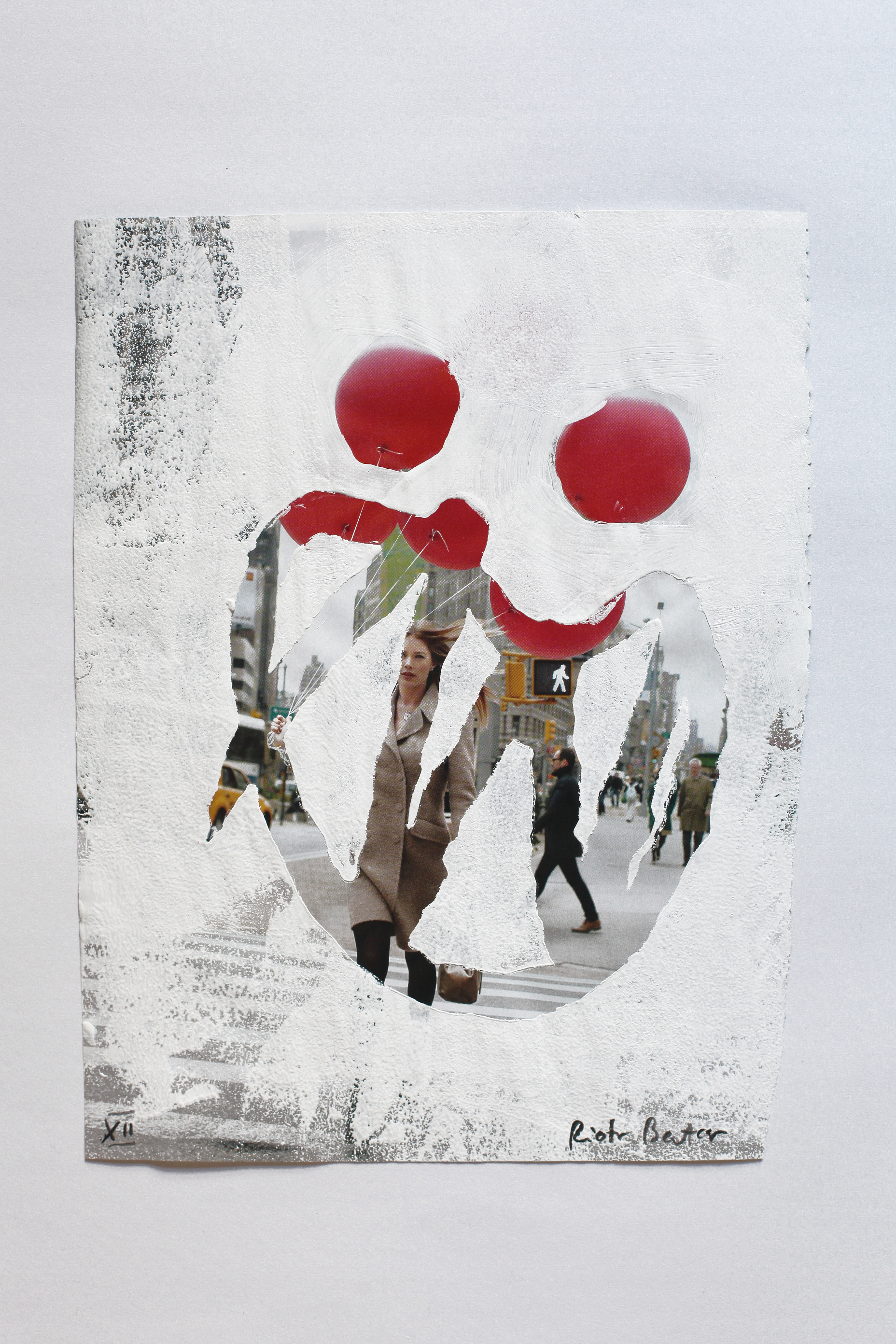 "No. 12" from "making faces" series. Approx. 28.5 x 22 cm / 11.2 x 8.6 inches. White household paint on magazine page