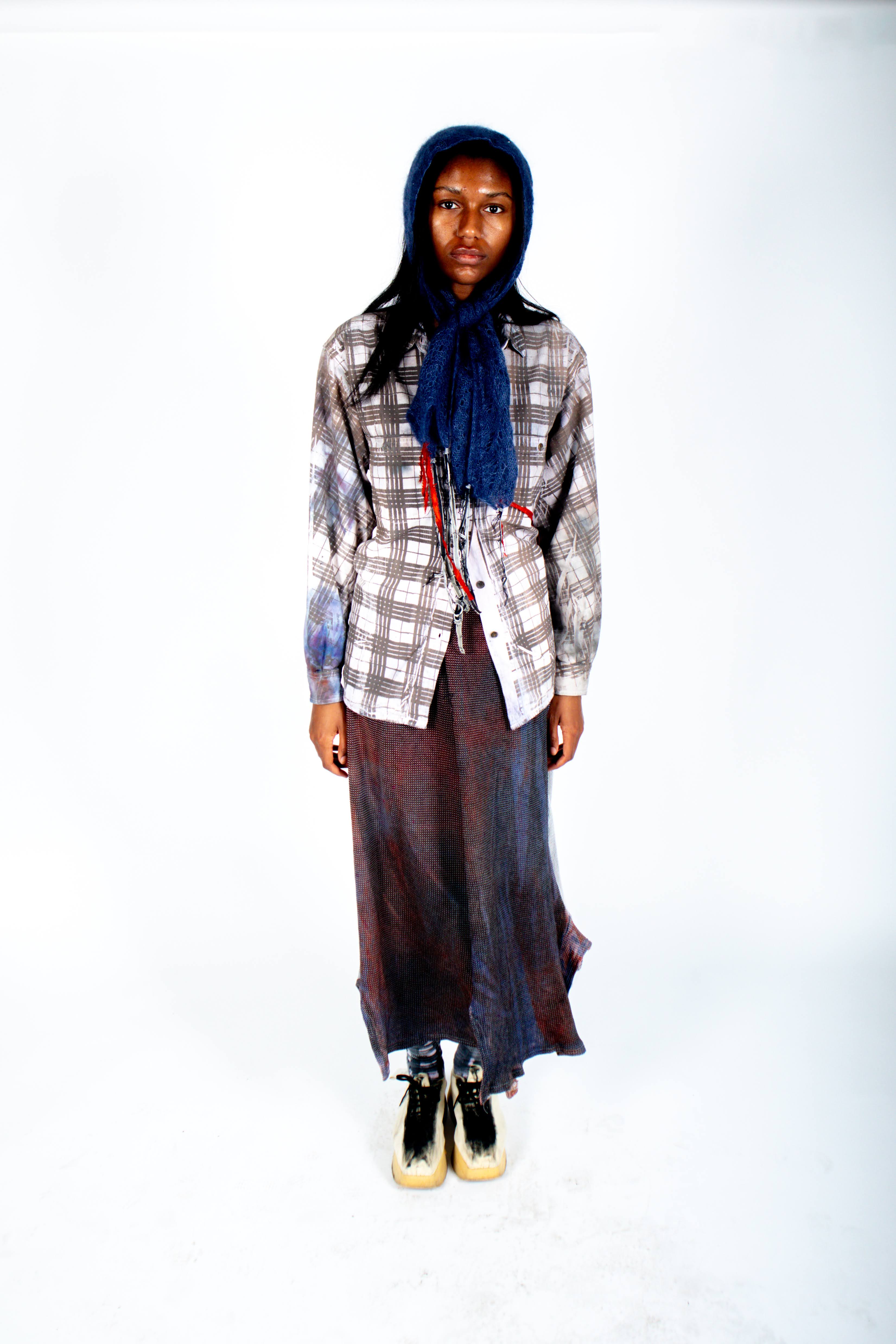 skirt constructed solely from surplus long johns with elastic waistband. allover printed with four layers of textile dye and sunfaded.