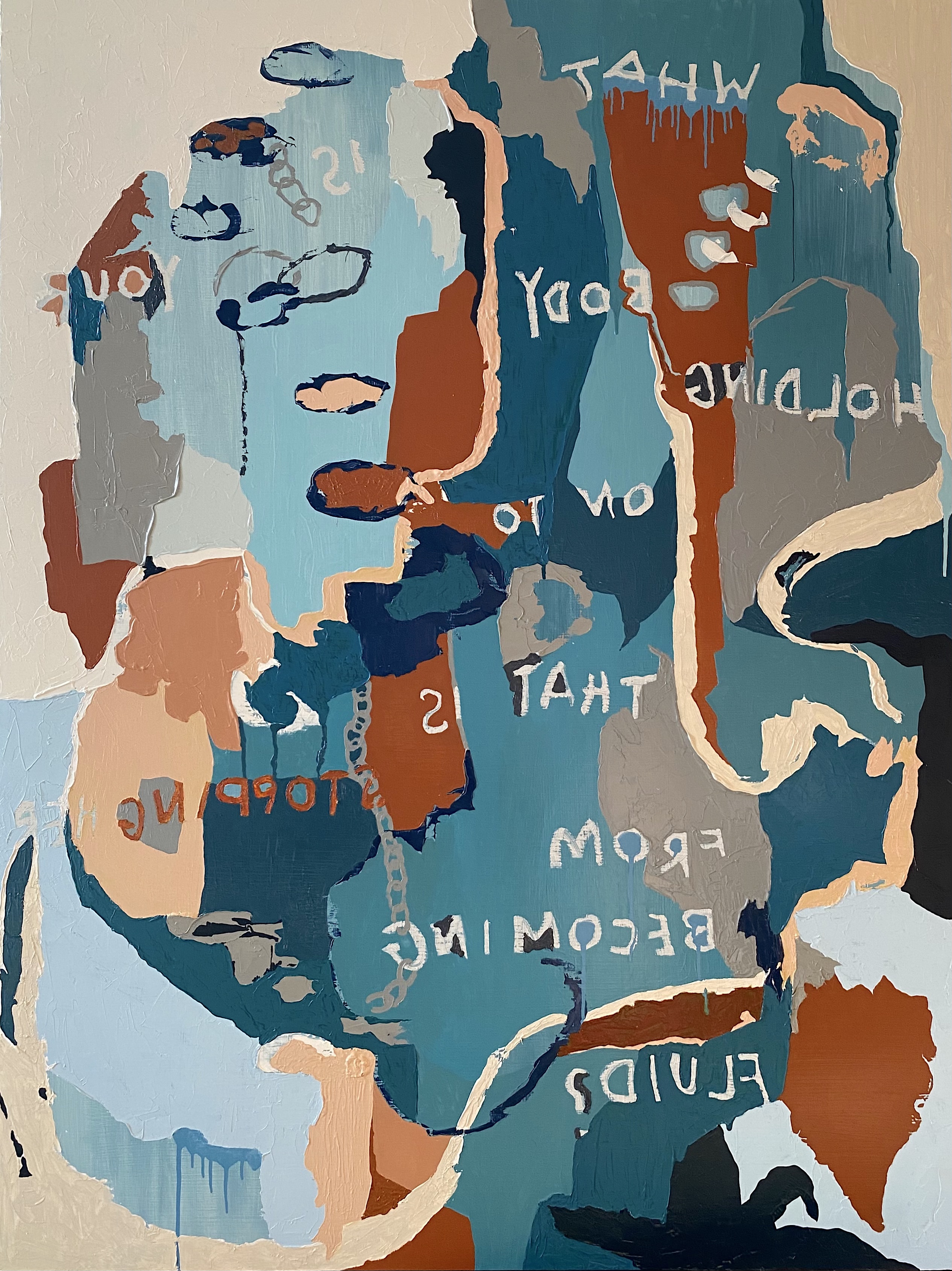 FLUID (what is your body holding onto?) Ann Haley36 x 48 inchesOil paint and stick on panel2023 SOLD