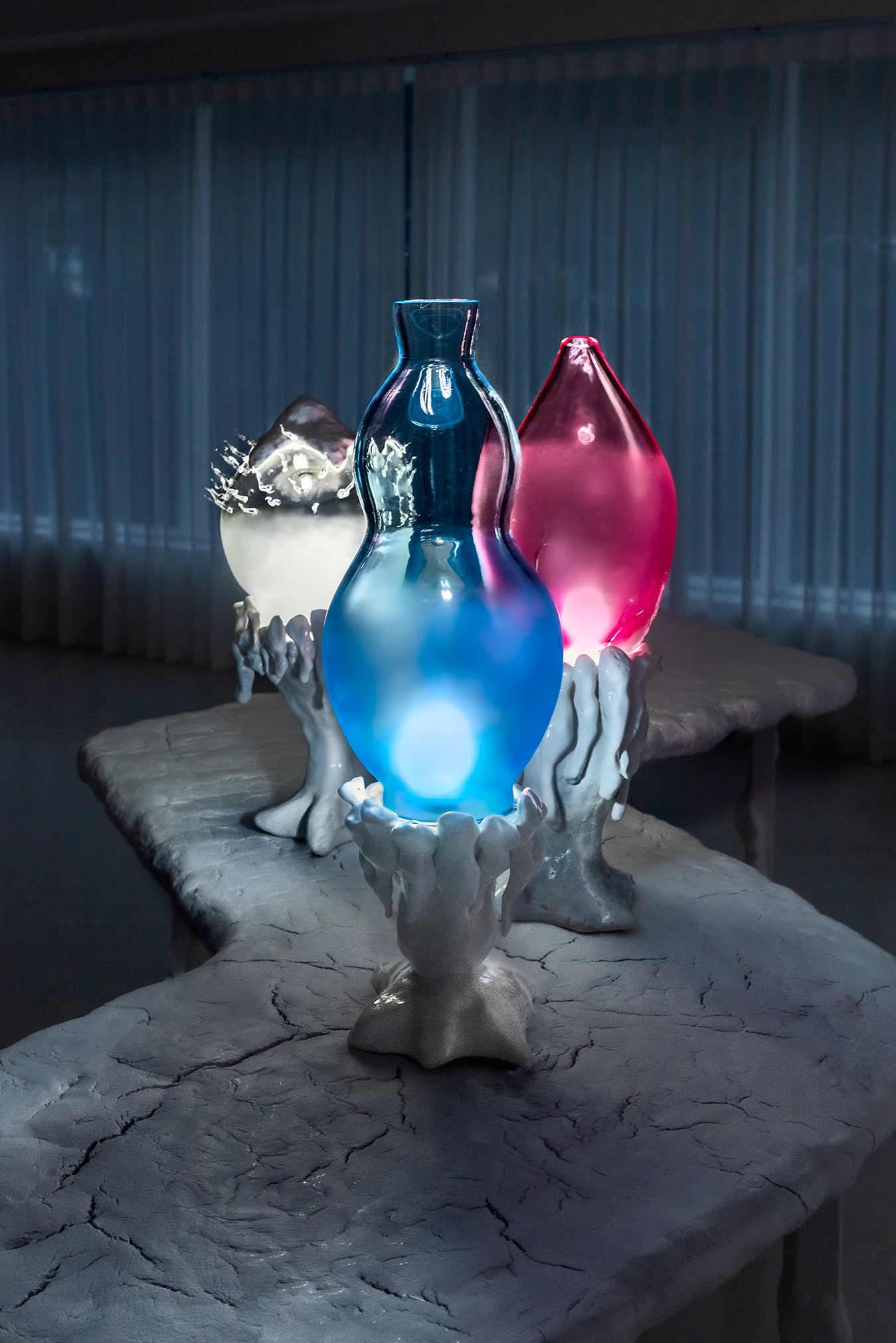 Plaja Studio Porcelain and blown glass lamps from sea sparkle collection, illuminating dark space