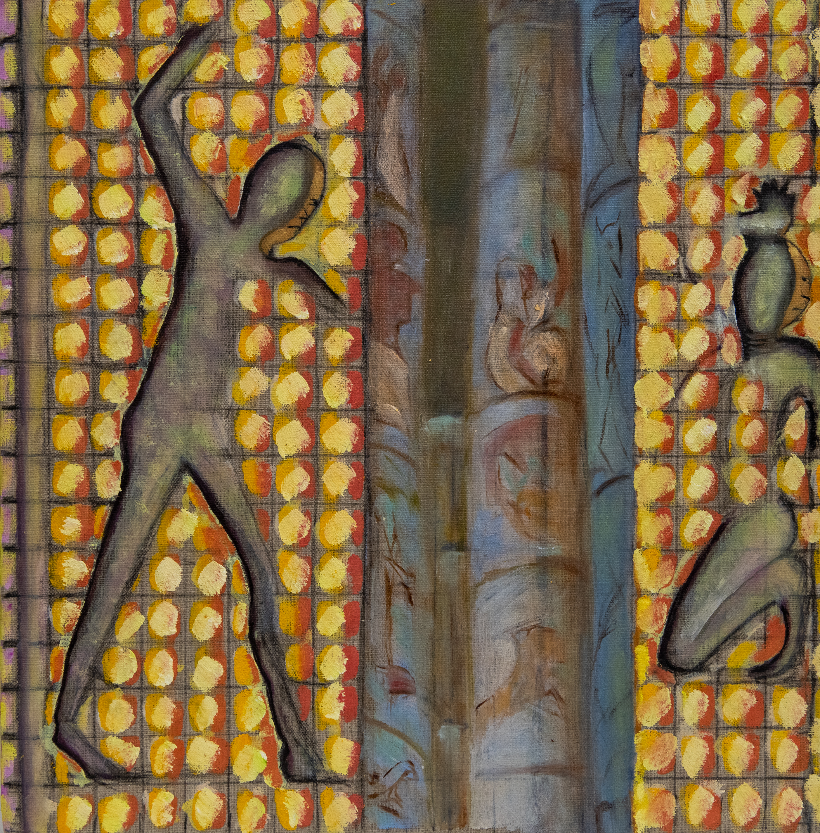 Rodrigo Echeverría, The Figure Sliding through Geometry in order to Subjugate, 2023, oil on linen, 15 3/4 x 15 3/4 in.  © Rodrigo Echeverría.