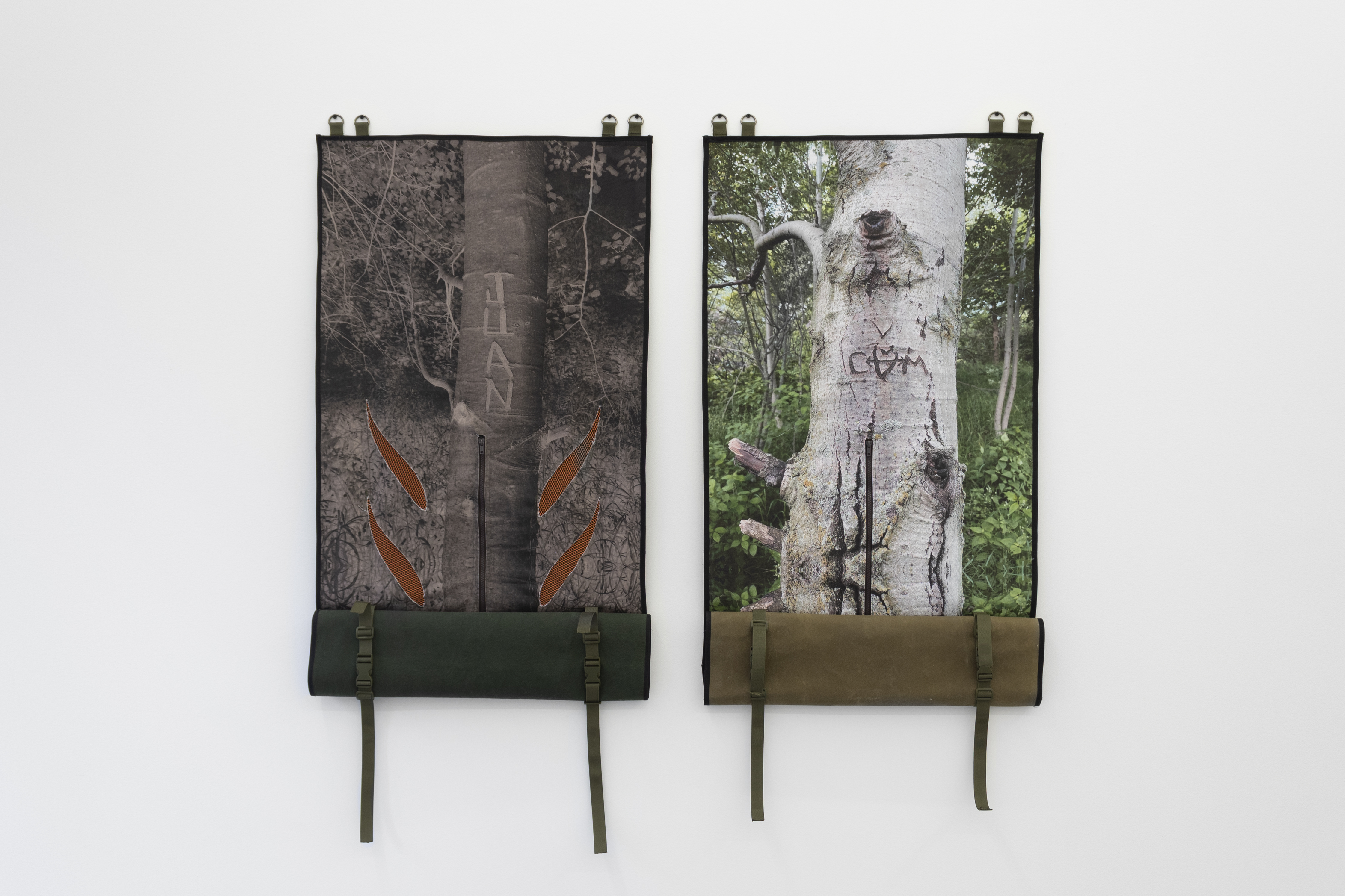 Left; Chicago Gears (nocturnal flight count) Photographic print on bull denim, duck canvas, side release buckles, metal d rings, nylon webbing, zipper, 2020. Right: Chicago Gears (cosmic mind fuck) Photographic print on bull denim, duck canvas, side release buckles, metal d rings, nylon. Photography: Prairie