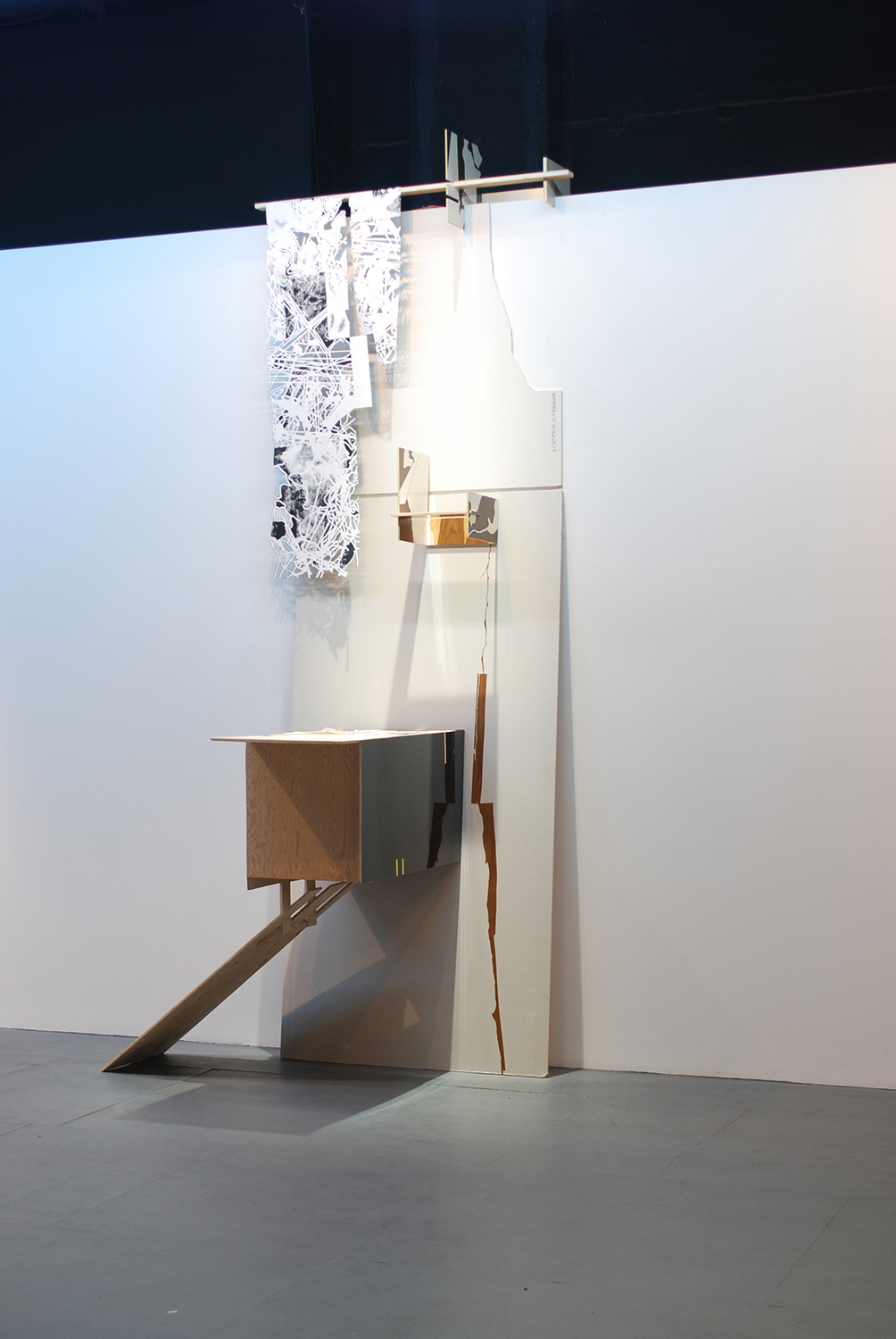 ako / avd  Ink, graphite, colored pencil, contact paper, and block prints on paper and drywall. Wood, formica, flooring, drywall and pushpins.   2009 - 151 x 43 x 68