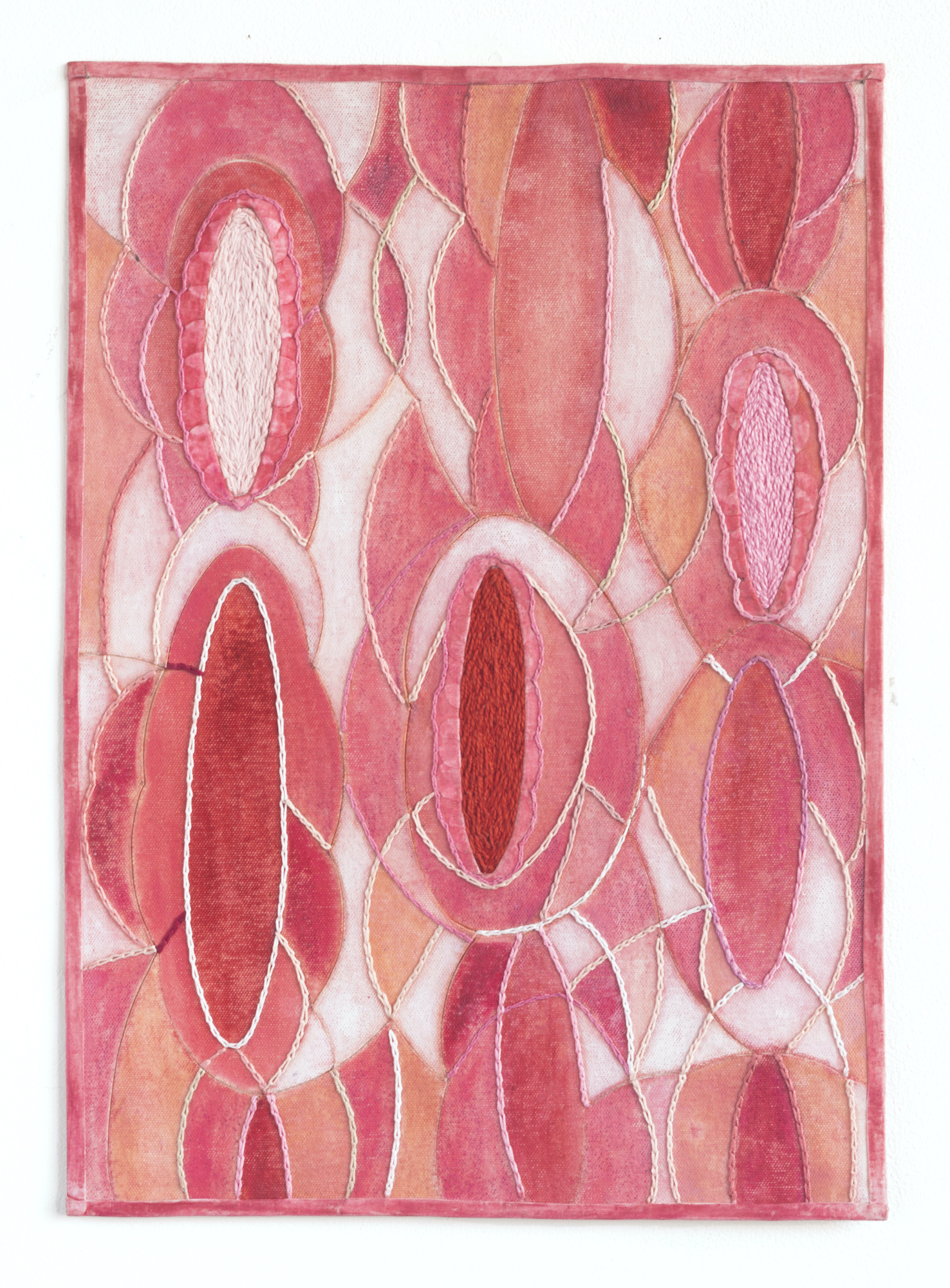 Who’s Afraid of Pink, 2021 – Color pencil, oil pastel, oil and cotton threads embroidered on fragments of canvas mounted on cloth, 45 x 35 cm (each)