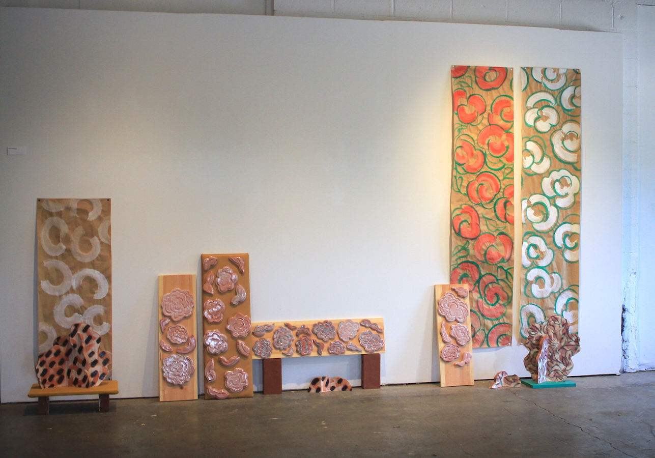 Trail of Meaning, 2017, 8' x 15' x 1', ceramic, paper, wood, paint, brick, vinyl