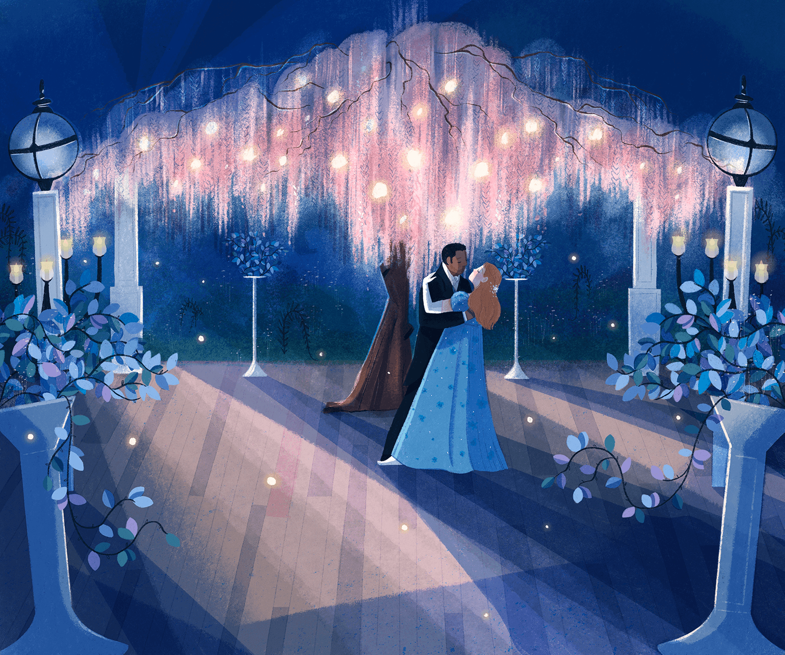 Simon and Daphne from Bridgerton dancing under a pink tree with fairy lights,