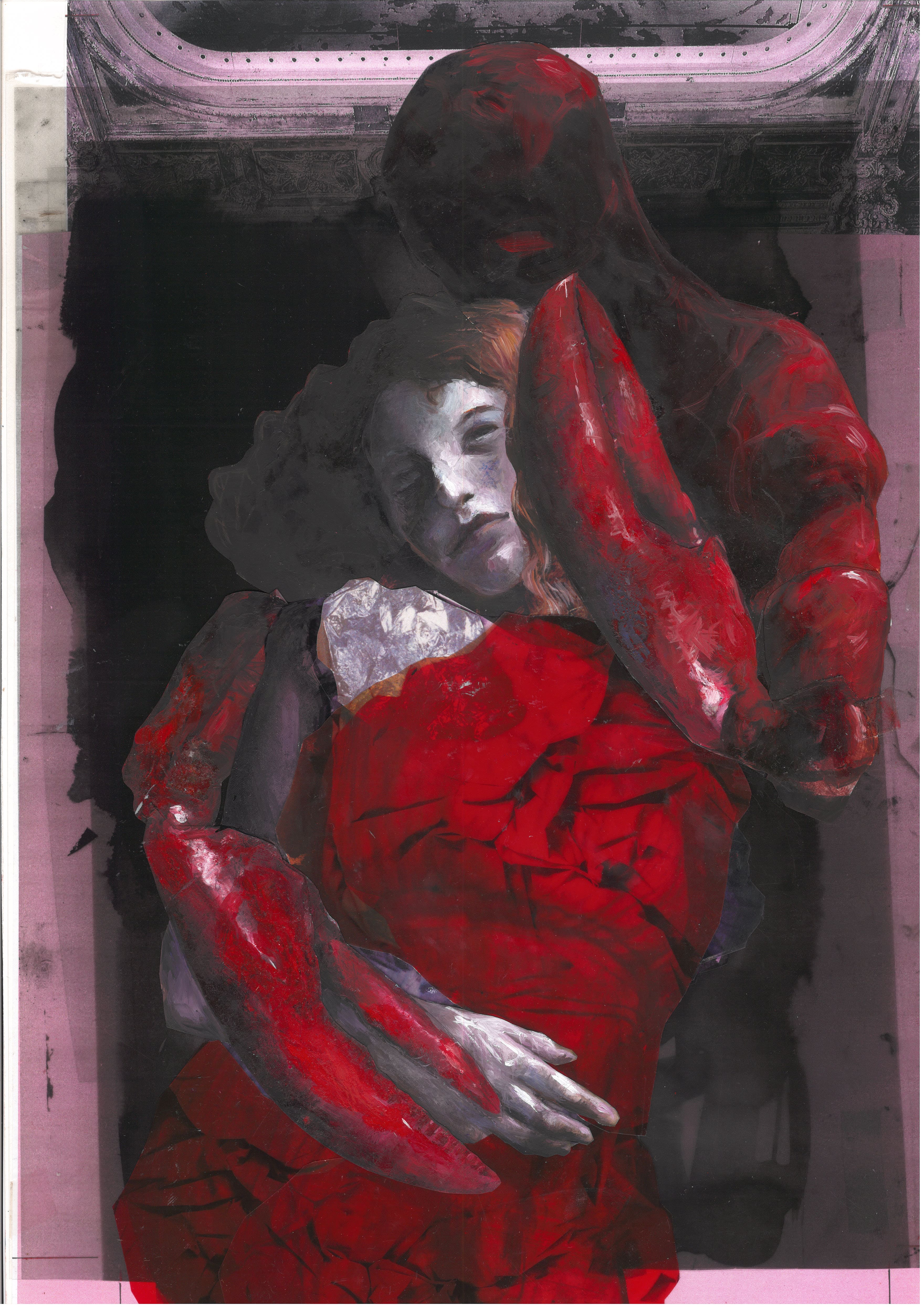 Ophelia #4 (Work in progress)Ölfarbe auf Papier, Collage mit verfremdeten Fotomaterial sowie Radierung, 28 x 44cmBuchprojekt „Es neigt ein Weidenbaum sich übern Bach“ Ophelias Tod nach Shakespeare2022-2023