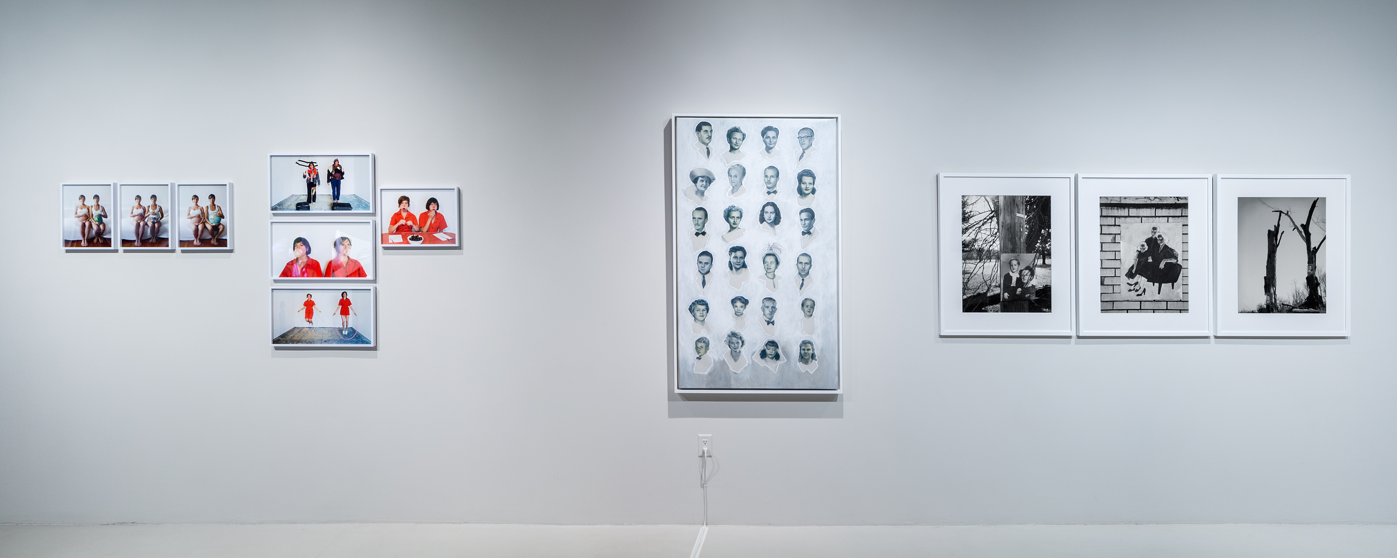  Las Hermanas Iglesias,  Commiserates (watermelon), Commiserates (disco ball,) Commiserates (globe,)  2012, archival pigment prints, 11.5 x 14.5 in. Suitcase Competition, Bubblegum Competition, Jumprope Competition, Cherry Eating Competition, 2011, archival pigment prints, 22.5 x 13 in. Anthony Goicolea,  Family Grid, acrylic and ink on canvas, 58 x 34 in. Anthony Goicolea Related 16b, Related 14b, Related 21b ,2008; black and white digital prints, each 20 x 26 in. (Credit Rafael Gamo.)