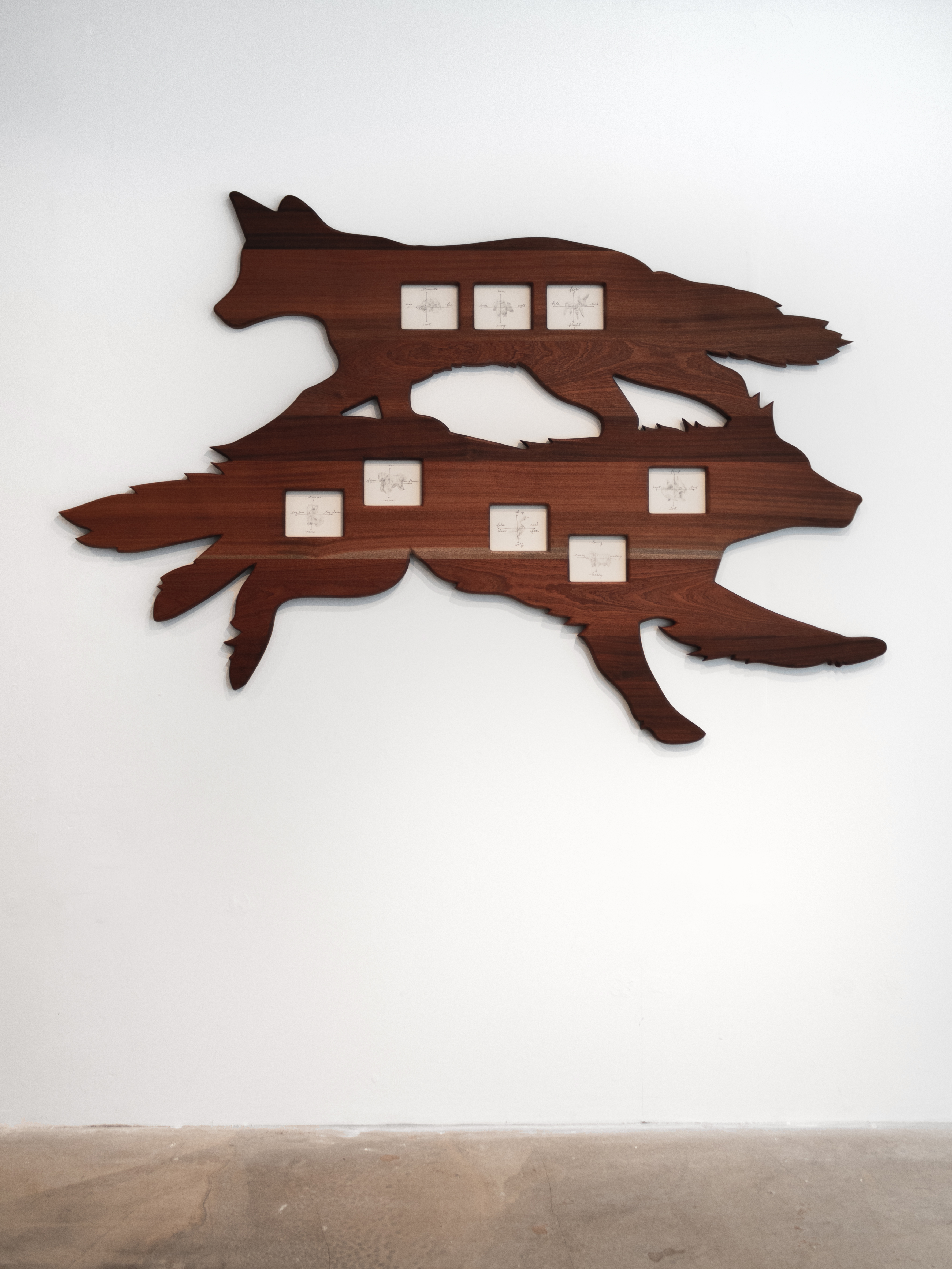 The Enemy (My Enemy's Enemy), 2025. Graphite on paper in shaped sapele frame, 175x45cm at widest points.