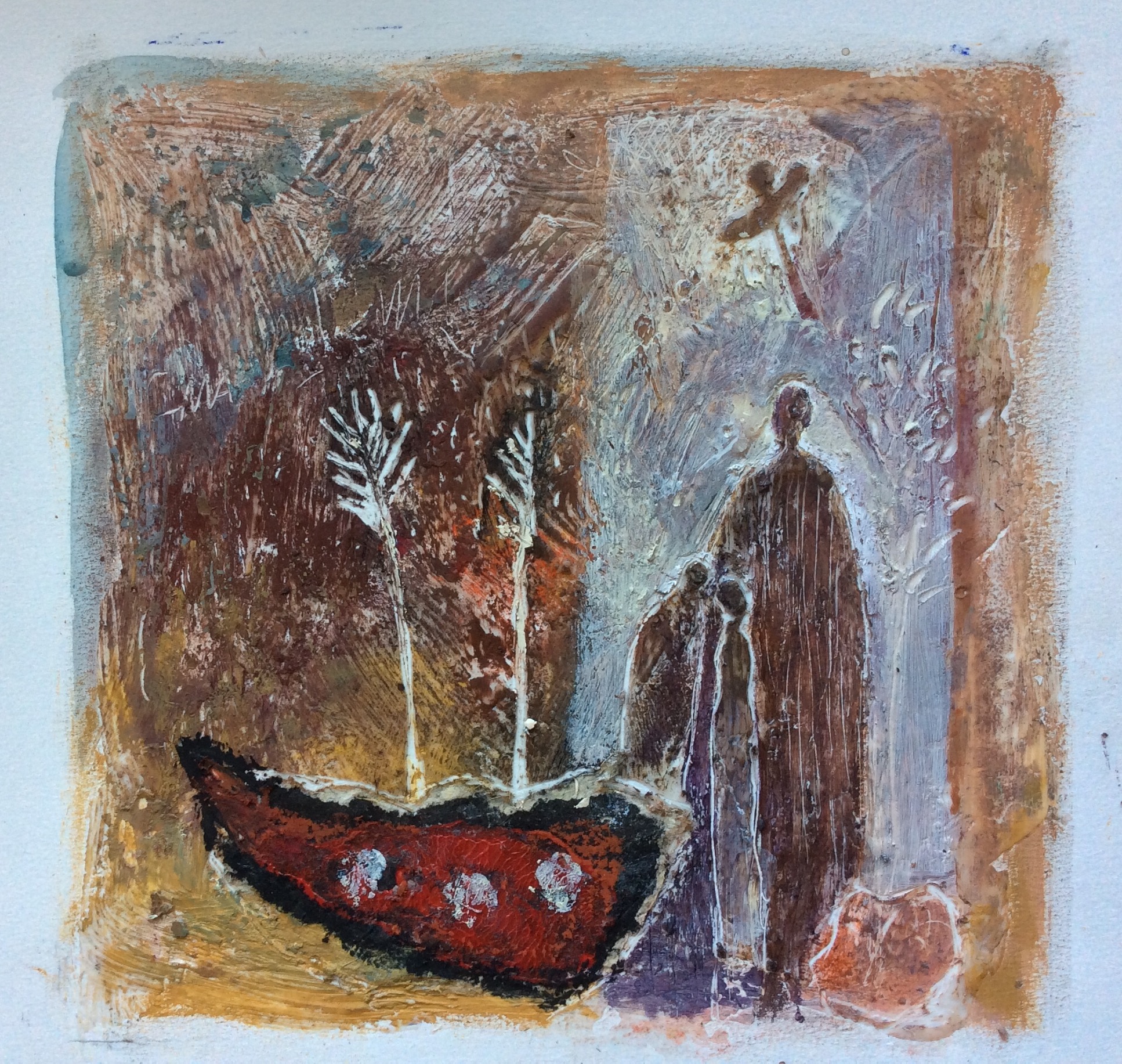 Voorbij de rivier Werk op papier, 2018 40 x 40 cm  Gebruikte technieken: gekleurde tekeninkt, goacheverf, oost indische inkt, pastelkrijt. Dit werk is verkocht.