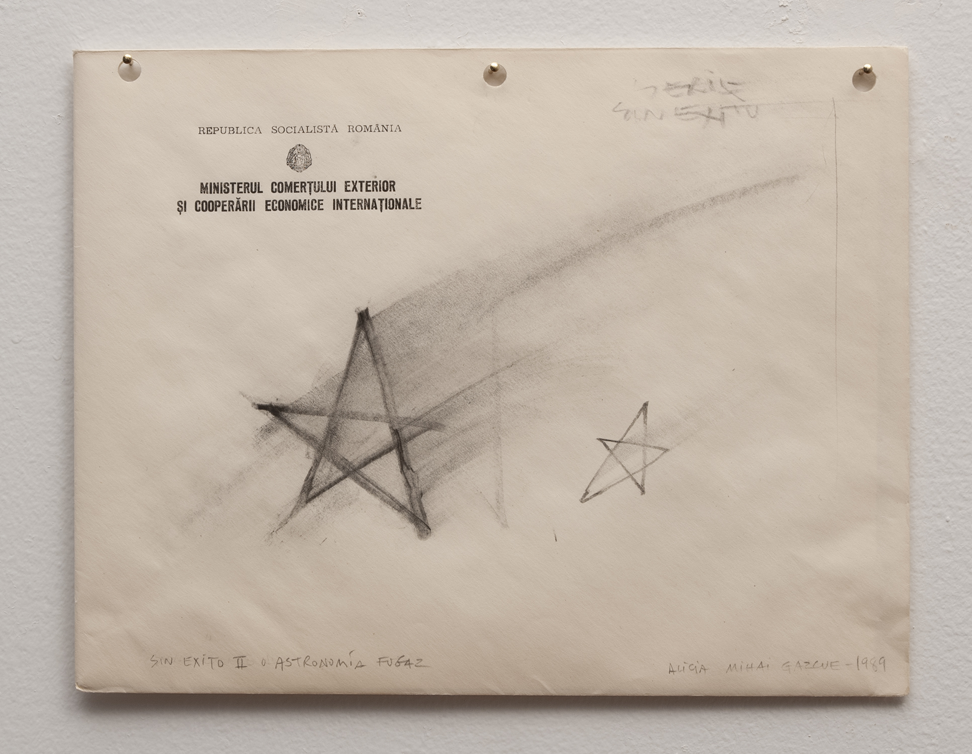 Sin Éxito II o Astromonia Fugaz, 1989 Charcoal on Romania oficial envelope, 9.75" x 7.5"