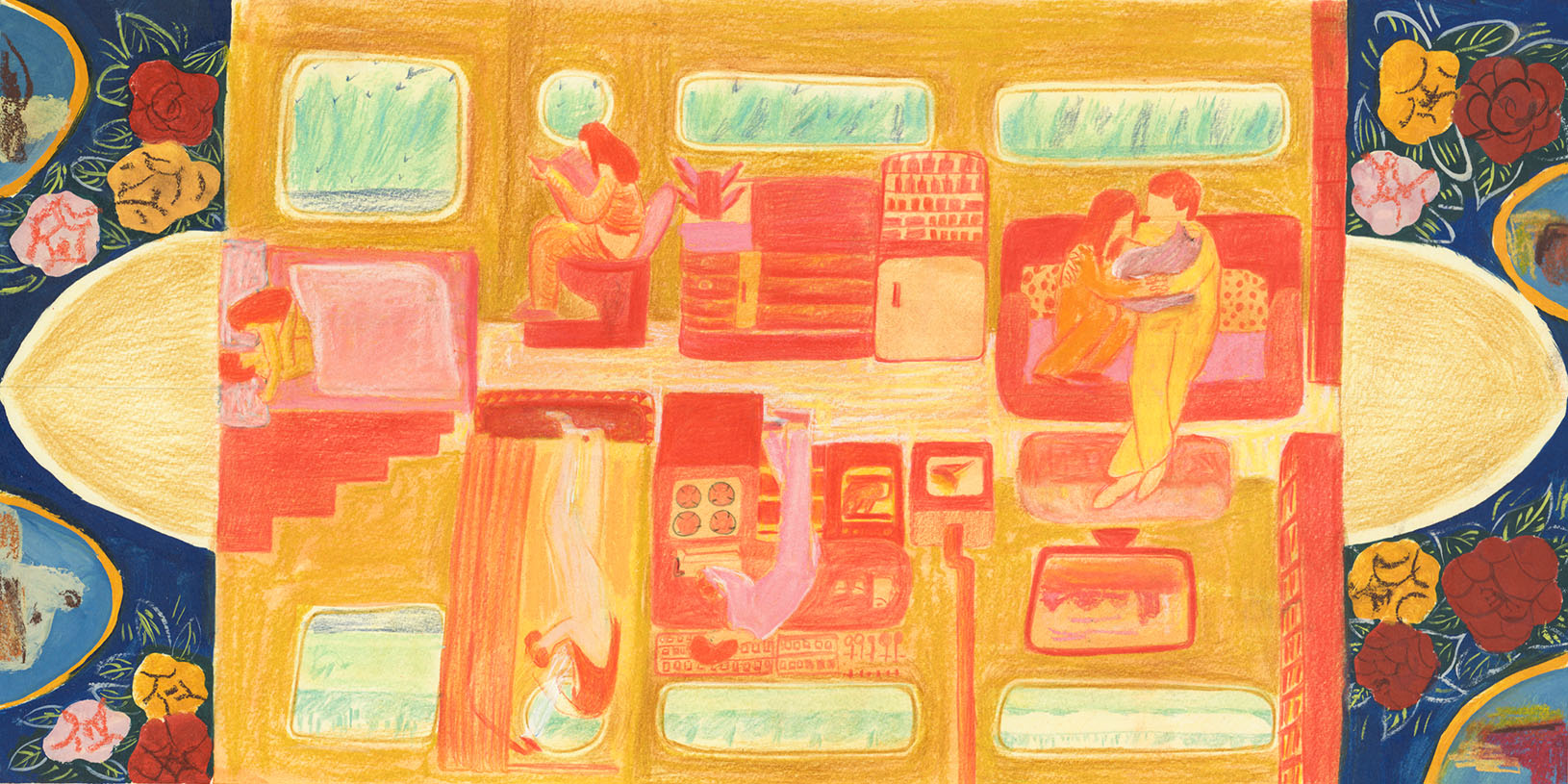Inside of canal boat, Gouache and color pencil, A3 size, £390 (original artwork)