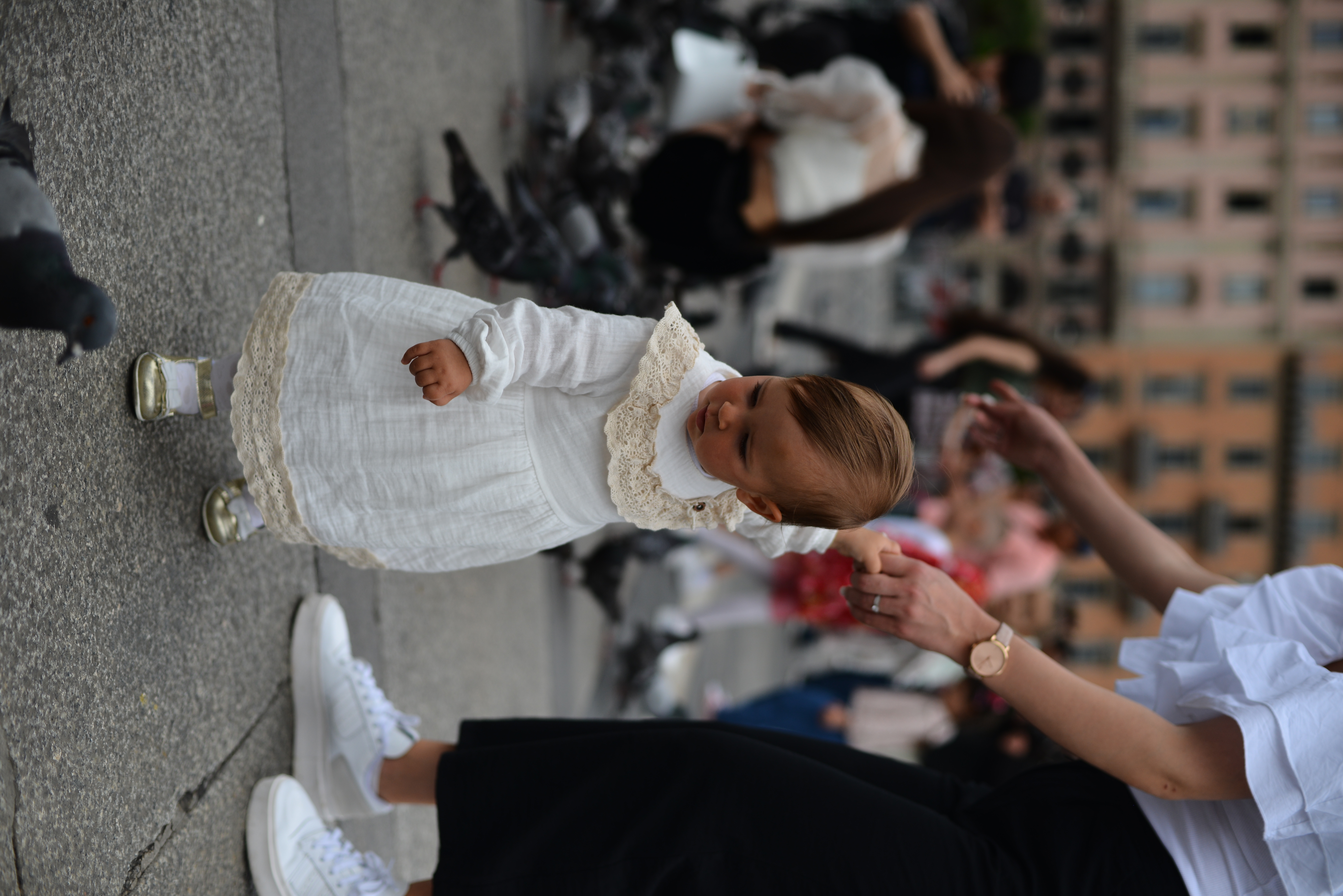 Bambina si diverte a giocare con i piccioni