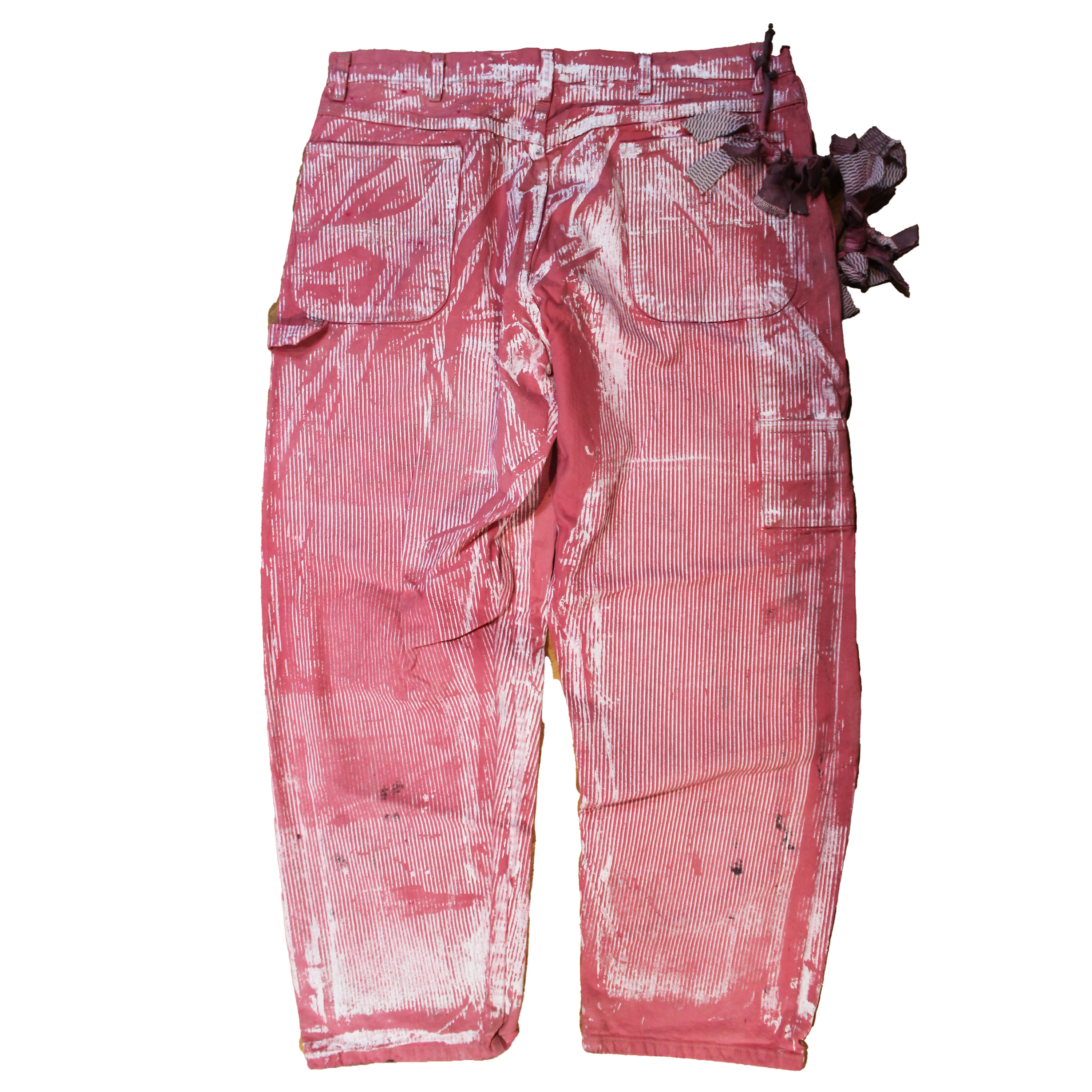 reclaimed vintage surplus denim screen printed with pinstripes in textile dye. tailored for straight/wide fit. fitted with custom keychain, scrap chain, and leather patches