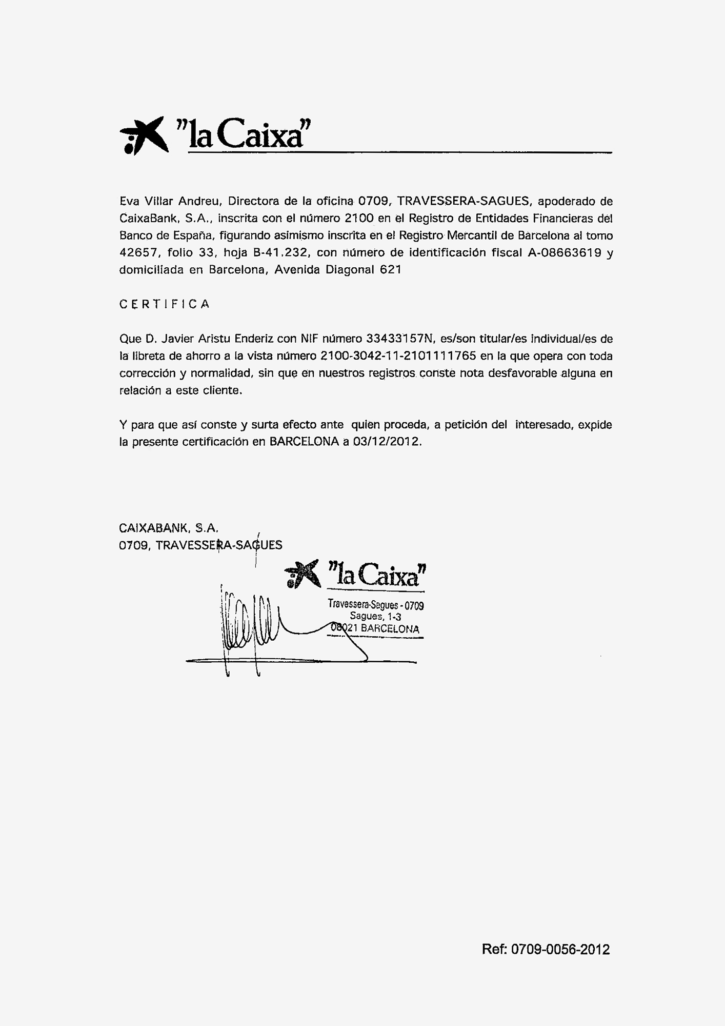Certificado de titularidad de una cuenta en el banco, Barcelona, 2012