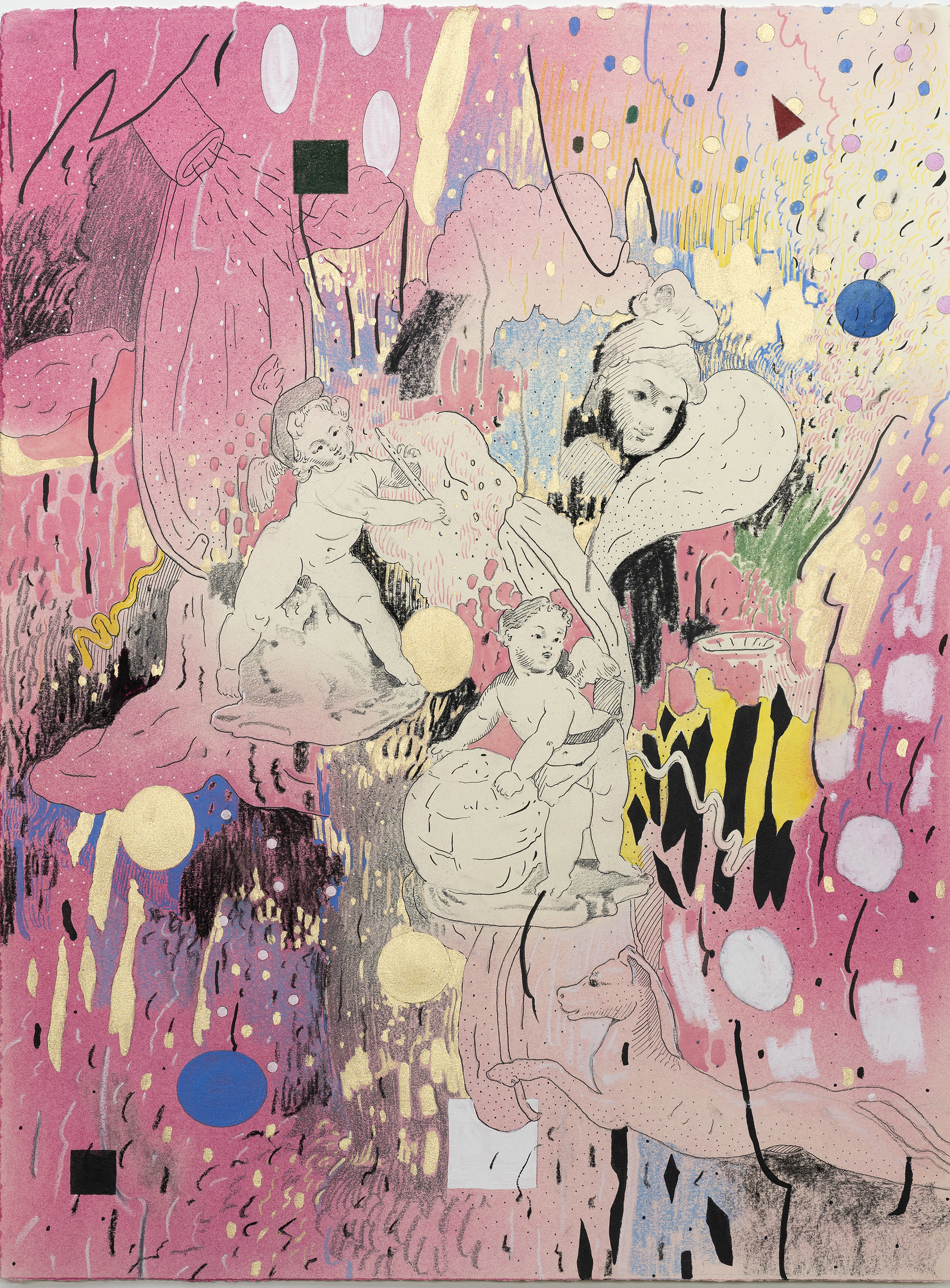Untitled (Three Cupids), 2019, Acrylic, pastel, gouache, watercolor, charcoal, gold pigment, graphite, color pencil, marker and ink on cotton paper, 38*52 cm.