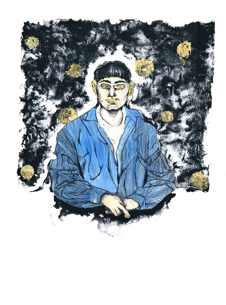 They Say I Have my Father’s Face 2024 Stone lithograph with hand color and gold leaf 22” x 30”