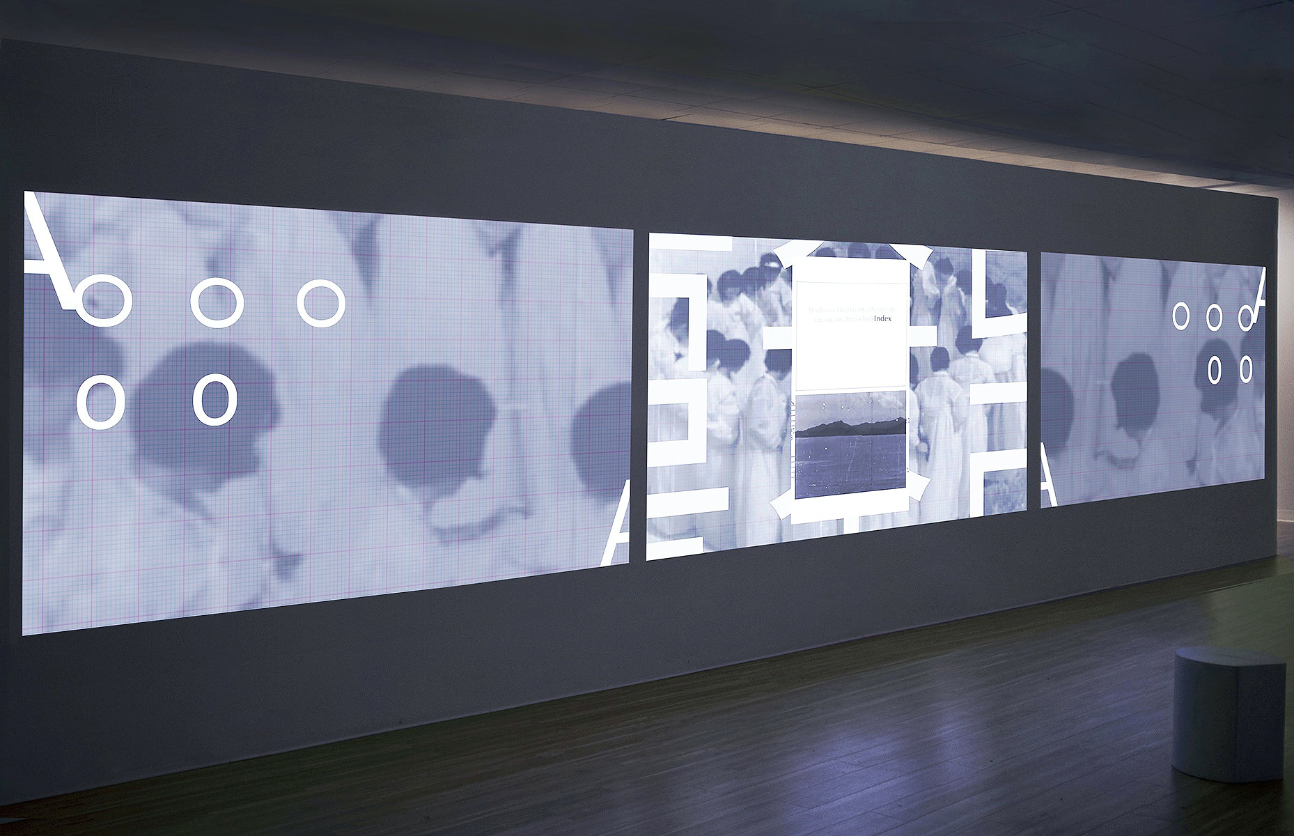 SULLAE 술래, 2020 3-channel video, 6 minutes 25 seconds, voiced and voiceless consonant of the English language, hangeul (한글) and English text, images, index pages from intonation books, white noise, word censor bleep, dimensions variable.