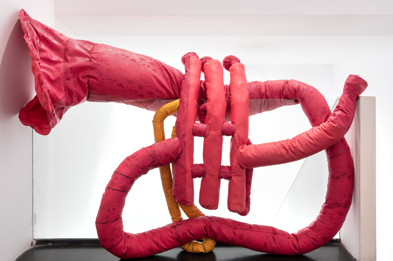 Pilar Quinteros & Patricio BlancheEl Fliscorno y el Zapato de Gamuza, 2021Three synthetic leather volumes, a short film and a drawing on paperVolumes: variable dimensionsVideo: 10'Drawing: 50 x 70 cmView detail︎