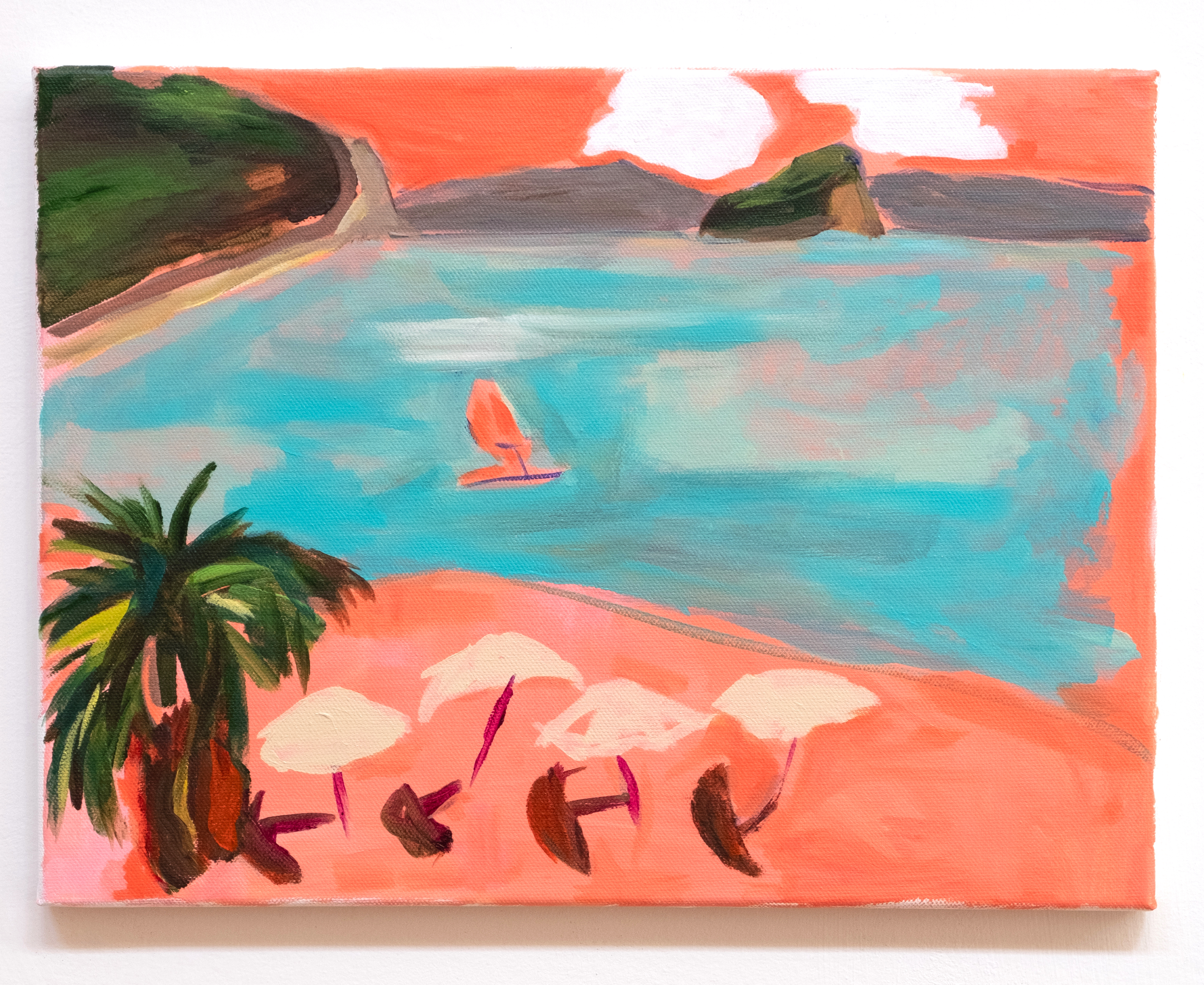 Four umbrellas near the mystery island of Bergeggi (from 8 small paintings of Spotorno), 2024, acrylic on canvas, 12 x 16 inches