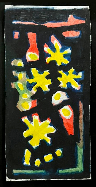 Small oil painting of eggs and stars by Kirsten Houser