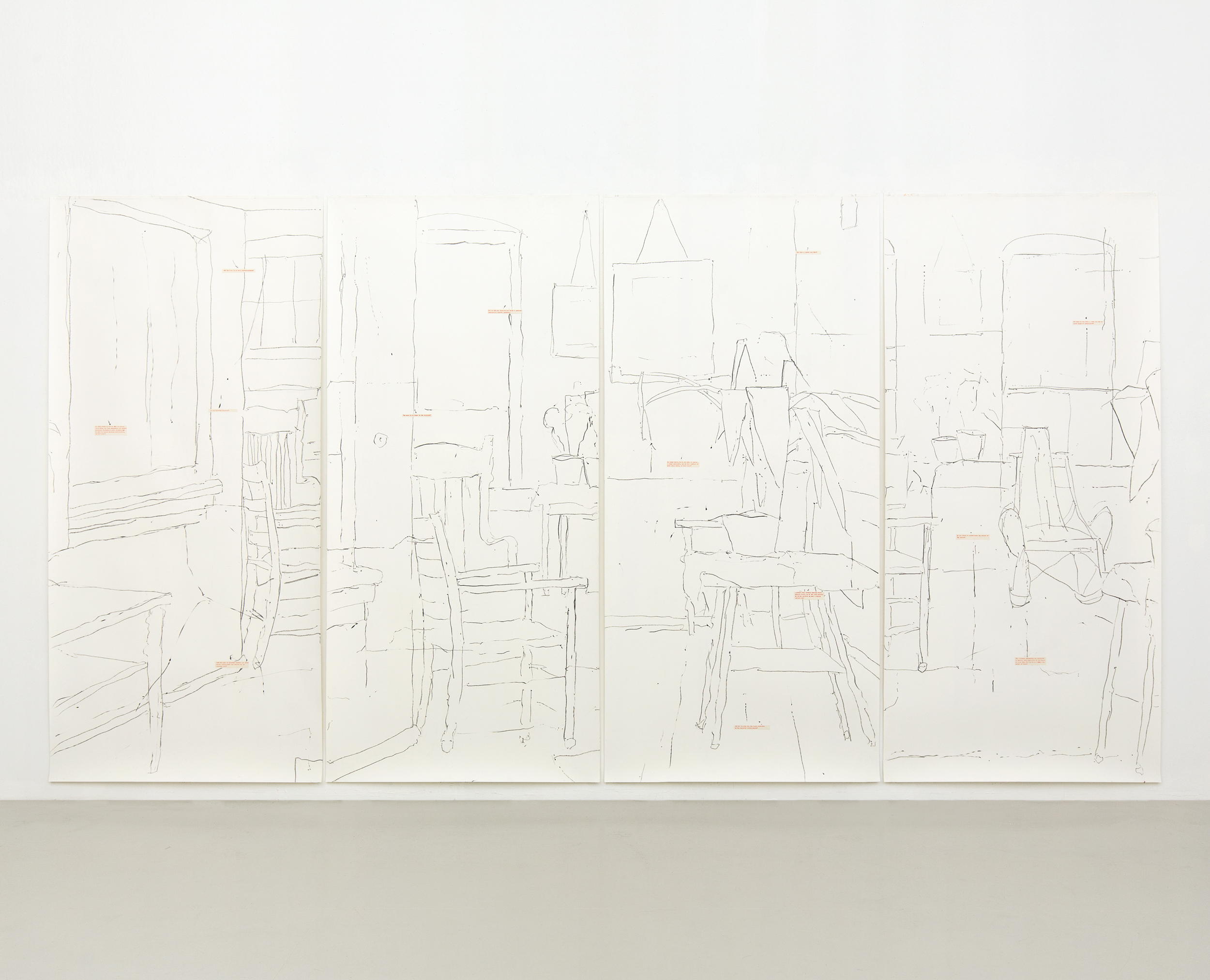 Things Fall Apart - only shadows enter my tent, 2018 Paper, typed on paper, graphite, plaster, metal 14 parts with object Each part 235 x 110 cm, object approx. 200 cm x 10 cm Ø