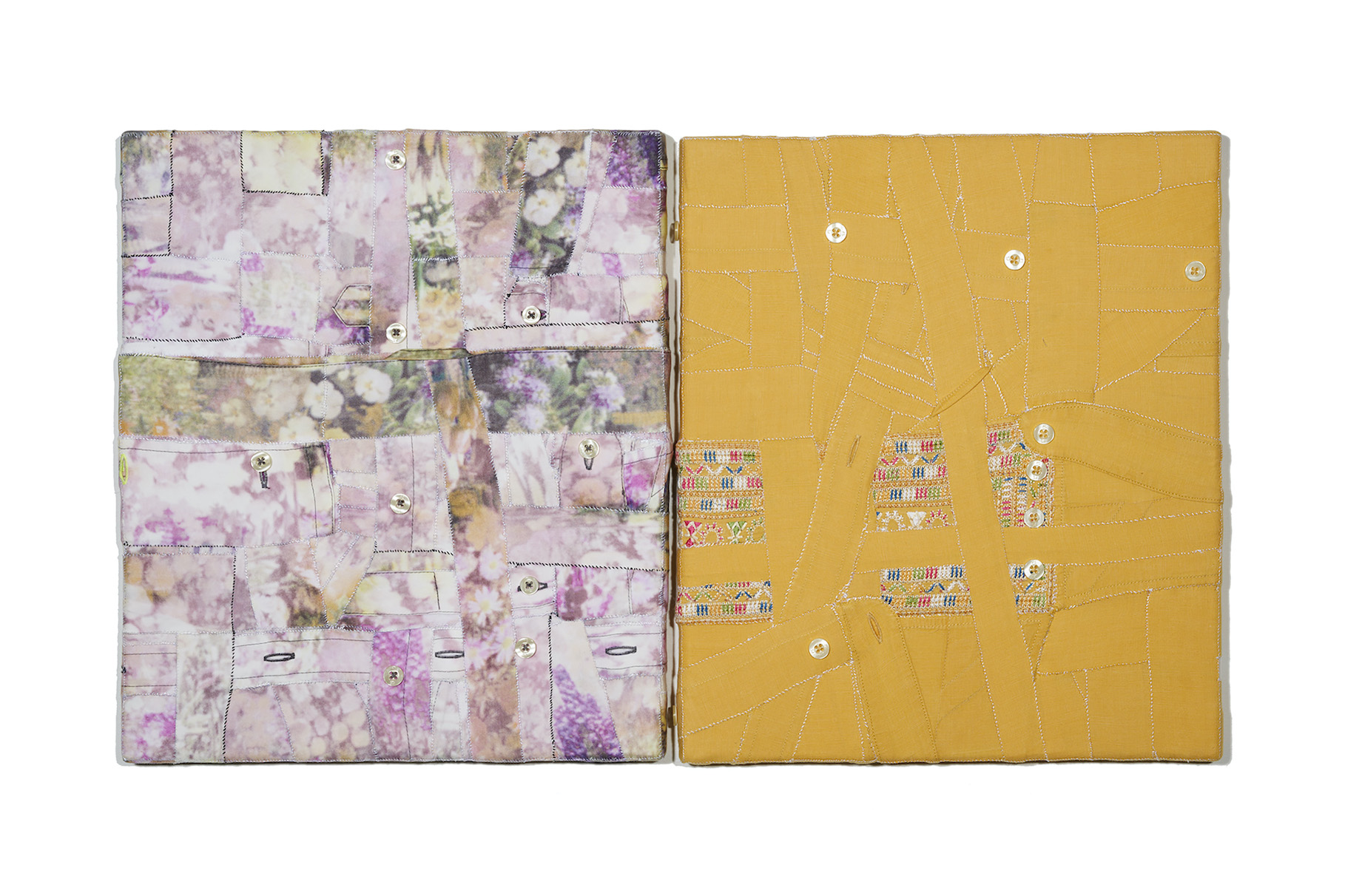  ’Ruudt & Leo’, 2024. Deconstructed men’s shirts hand stitched over wooden stretchers. 35 x 61 cm 