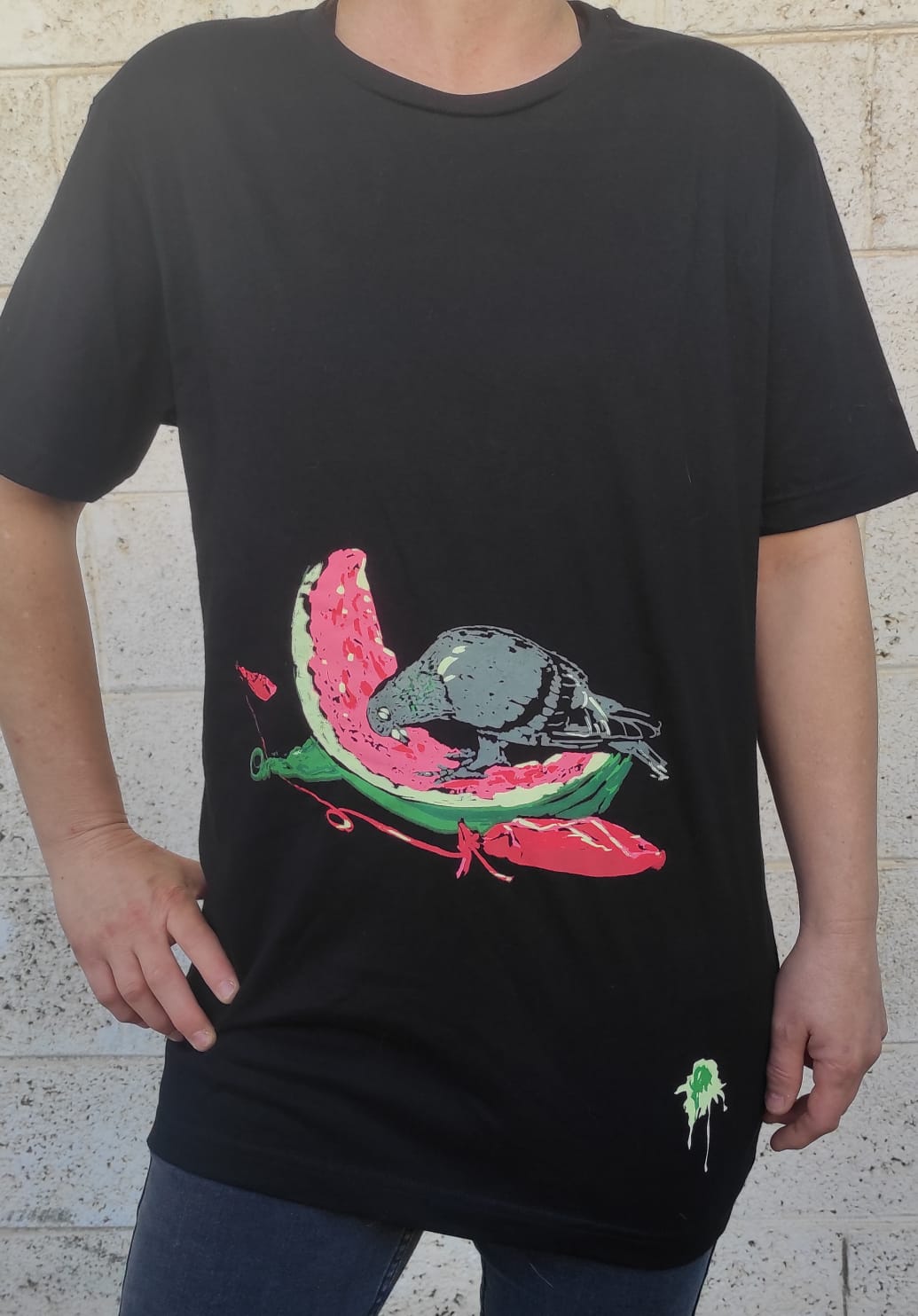 t shirt pegion eating watermelon