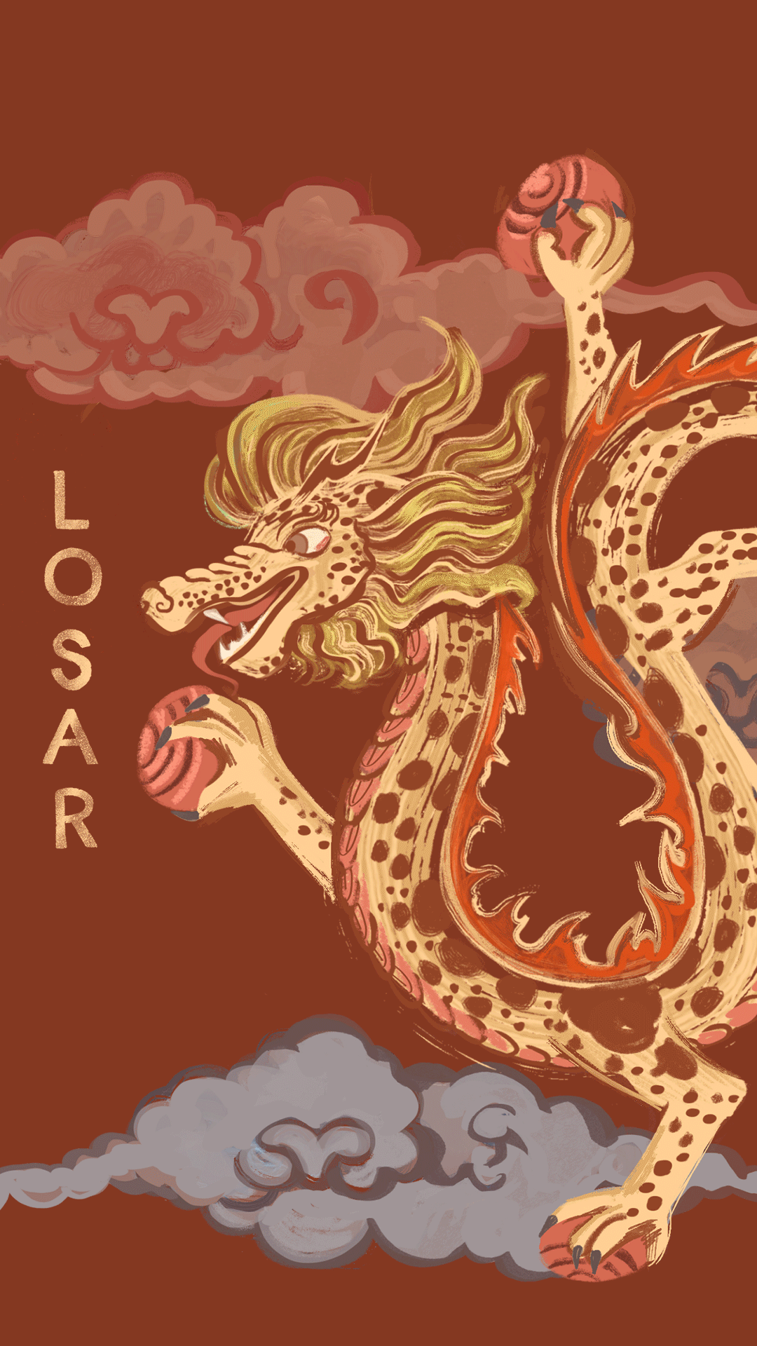 A dragon blowing fire with vertical text that reads "LOSAR"