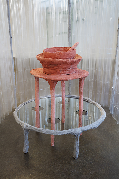 Knee deep, 2018, steel, glass, plaster, burlap, sand, pigment